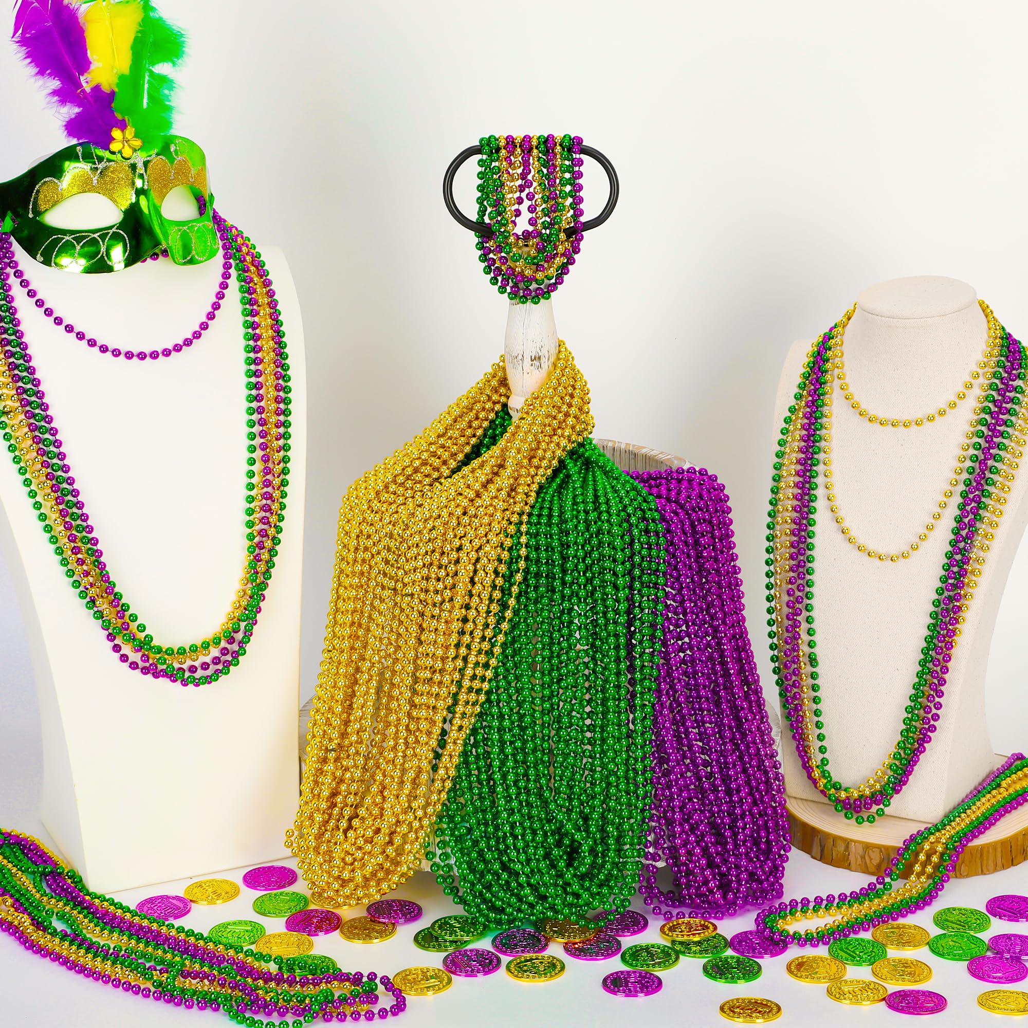 Huskein 120PCS Mardi Gras Beads, 33" Beaded Necklace, Purple Gold Green Mardi Gras Accessories, Party Costume Necklaces Parade Throws Women Men Beads Bulk for Party Event Favors Supplies Decorations