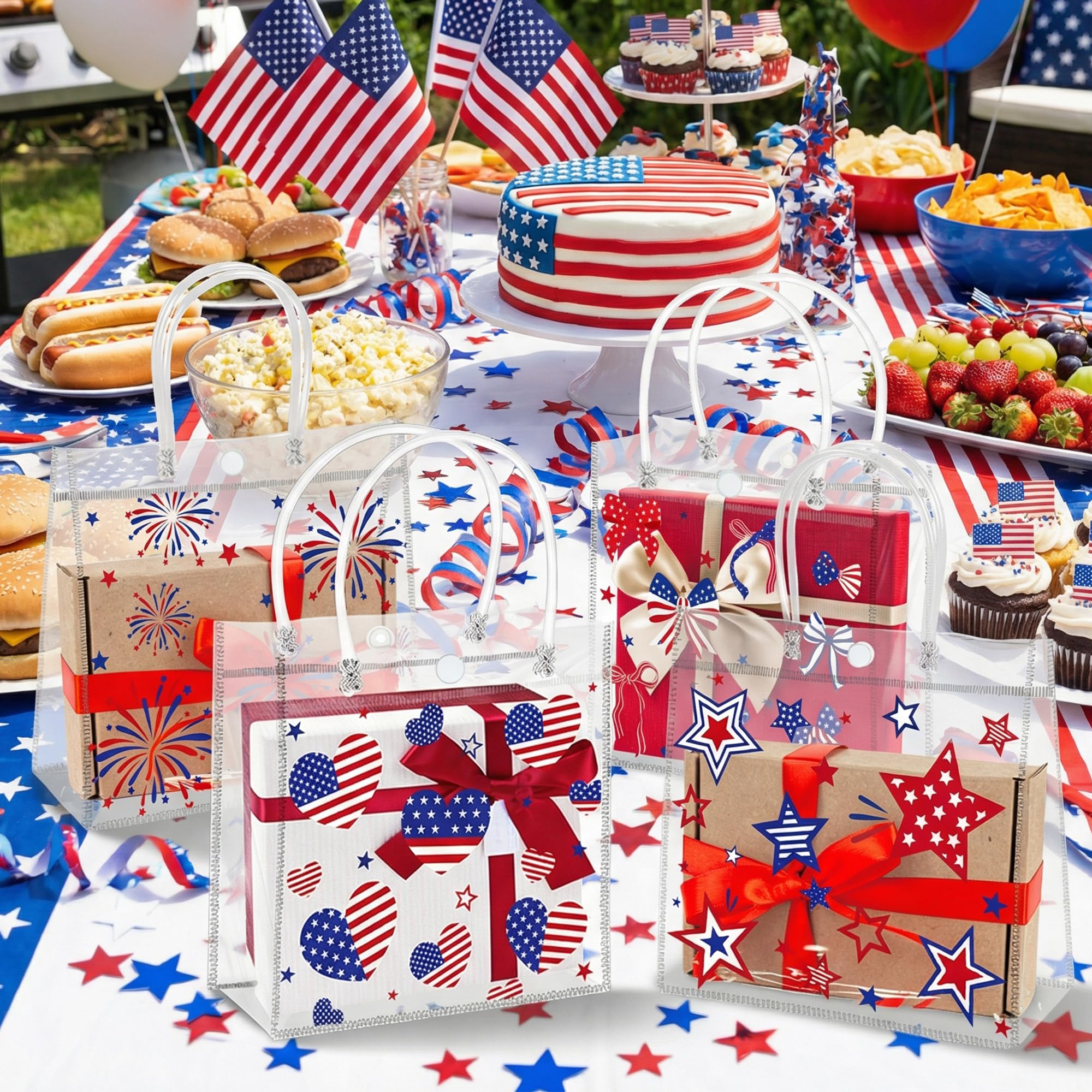 H1vojoxo 250 Years Patriotic Gift Bags - 24PCS 4th of July Clear PVC Gift Bags with Handle 7.9 x 3.2 x 7.9 Inches American Goodie Treat Snack Candy Gifts Bag Independence Day Memorial Day Party Favors