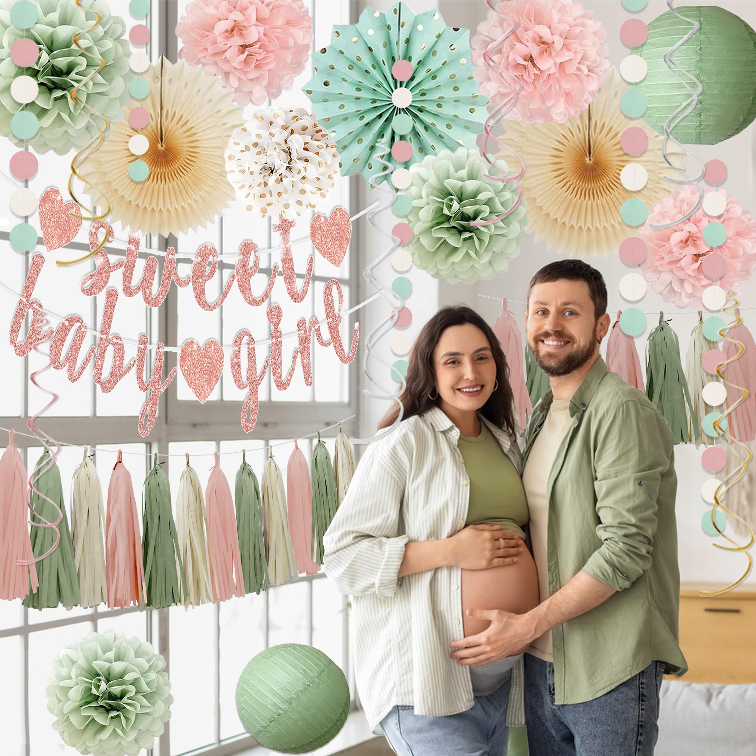 Sage Green and Blush Pink Baby Shower Decorations - Sweet Baby Girl Banner, Olive Green Lanterns, Streamers, Tissue Pom Poms, Paper Fans, Pink Beige Boho Paper Tassel, Rustic Backdrop Decor