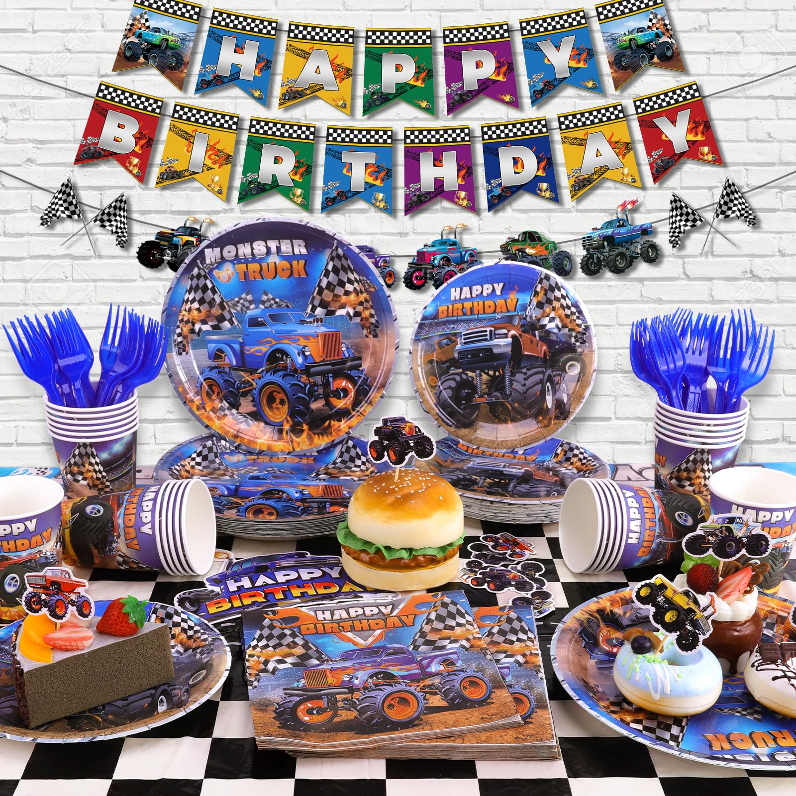 Monster Truck Birthday Party Decorations Tableware, Machines Jam Birthday Party Supplies Serve 24 with Balloons Plates and Napkins for Boys
