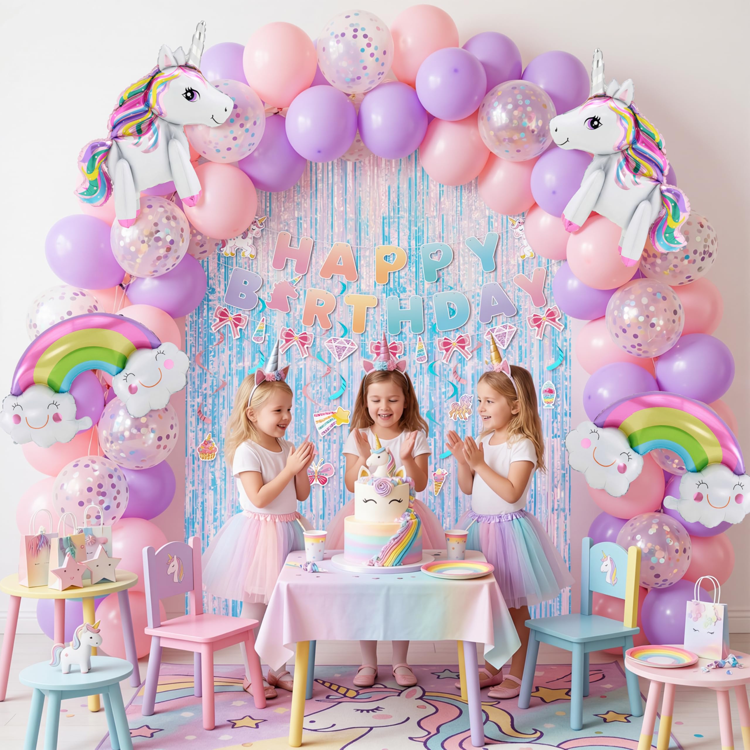 JOYIN Unicorn Magical Rainbow Birthday Party Decorations, 76PCS Unicorn Party Supplies with Banner, Foil & Latex Balloons, Spiral Swirls and Tinsel Curtains for Baby, Boys, Girls, Men & Women