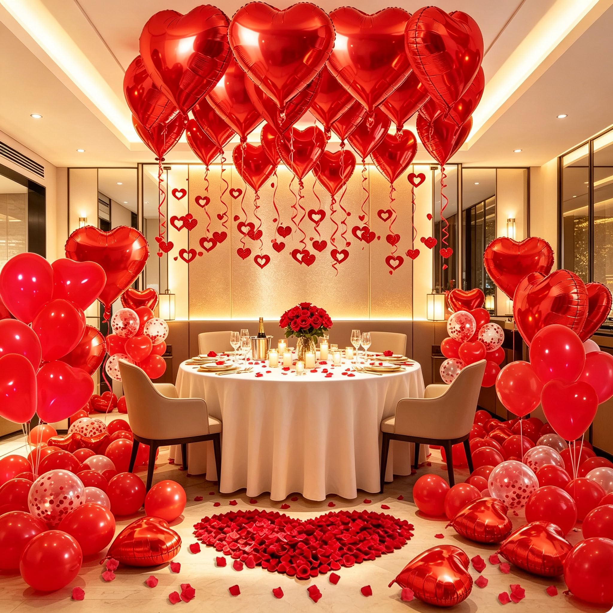 Red Valentines Day Decorations with Red Heart Balloons and Love Balloon, Fake Rose Petals for Wedding Decor, Anniversary Decorations Romantic with red Latex Balloons and Heart Hanging Decor