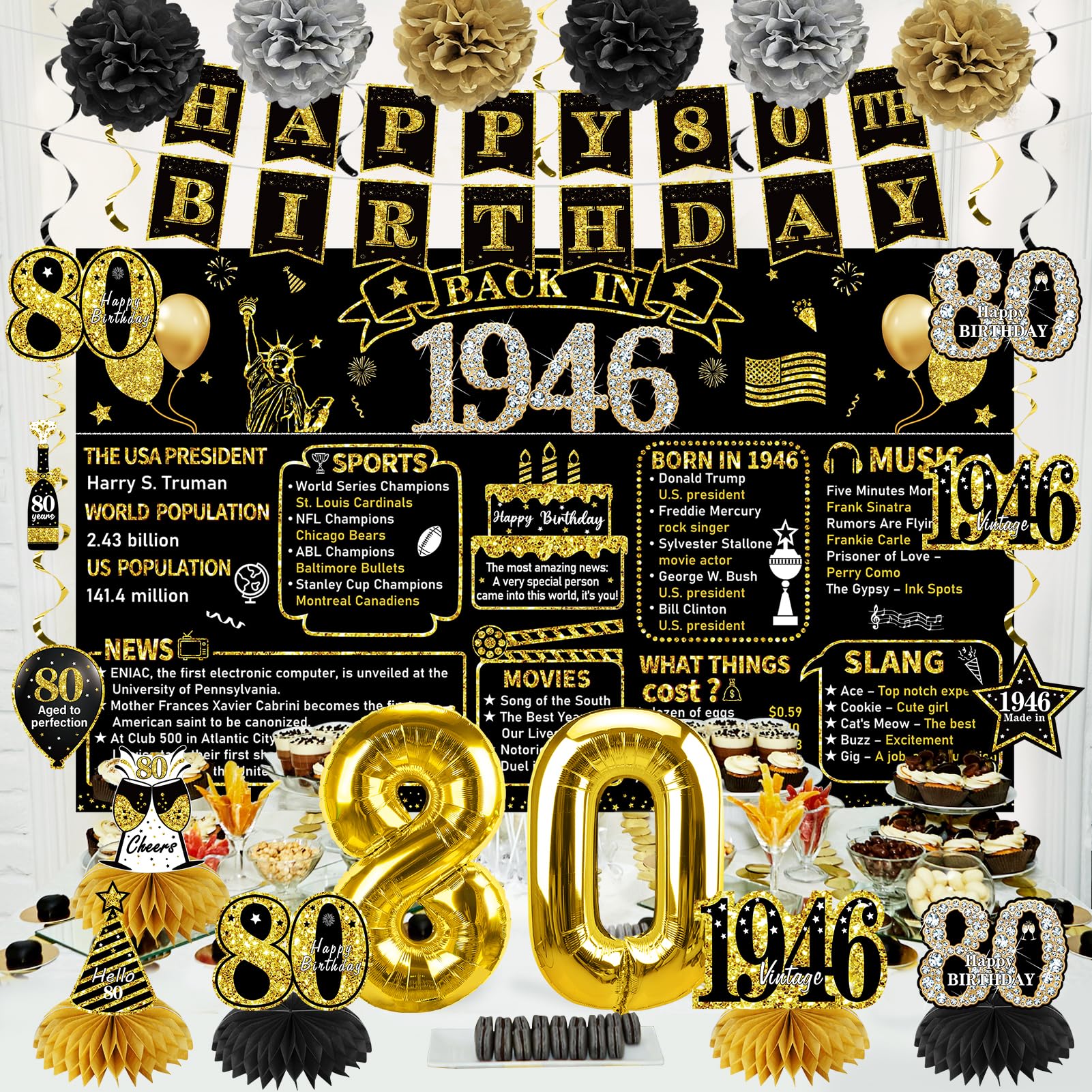 Zirtorei 80th Birthday Decorations for Men Women, 1946 Bday Party Supplies