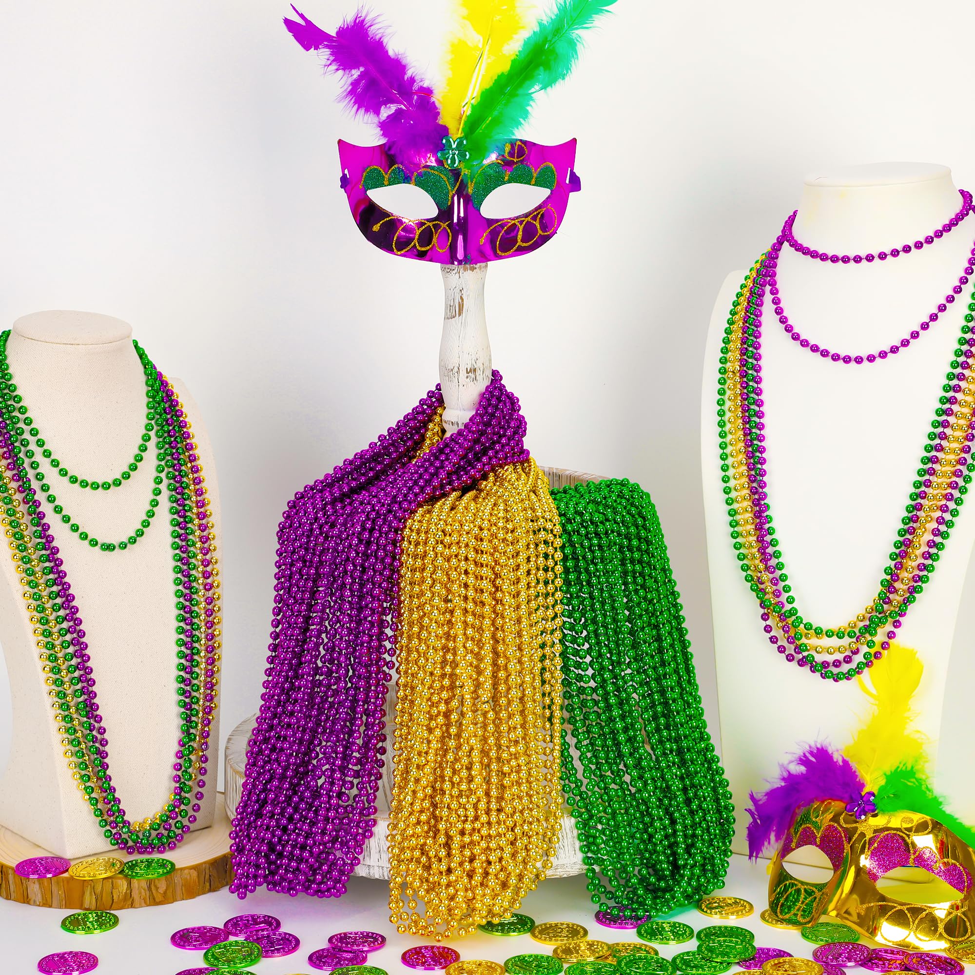 EOBOH 12PCS Mardi Gras Beads, Green Purple Gold Mardi Gras Metallic Costumes Necklaces Bulk, Mardi Gras Beads Necklace Costumes Accessory Sets for Parade Throws Party Decorations Favor Supplies