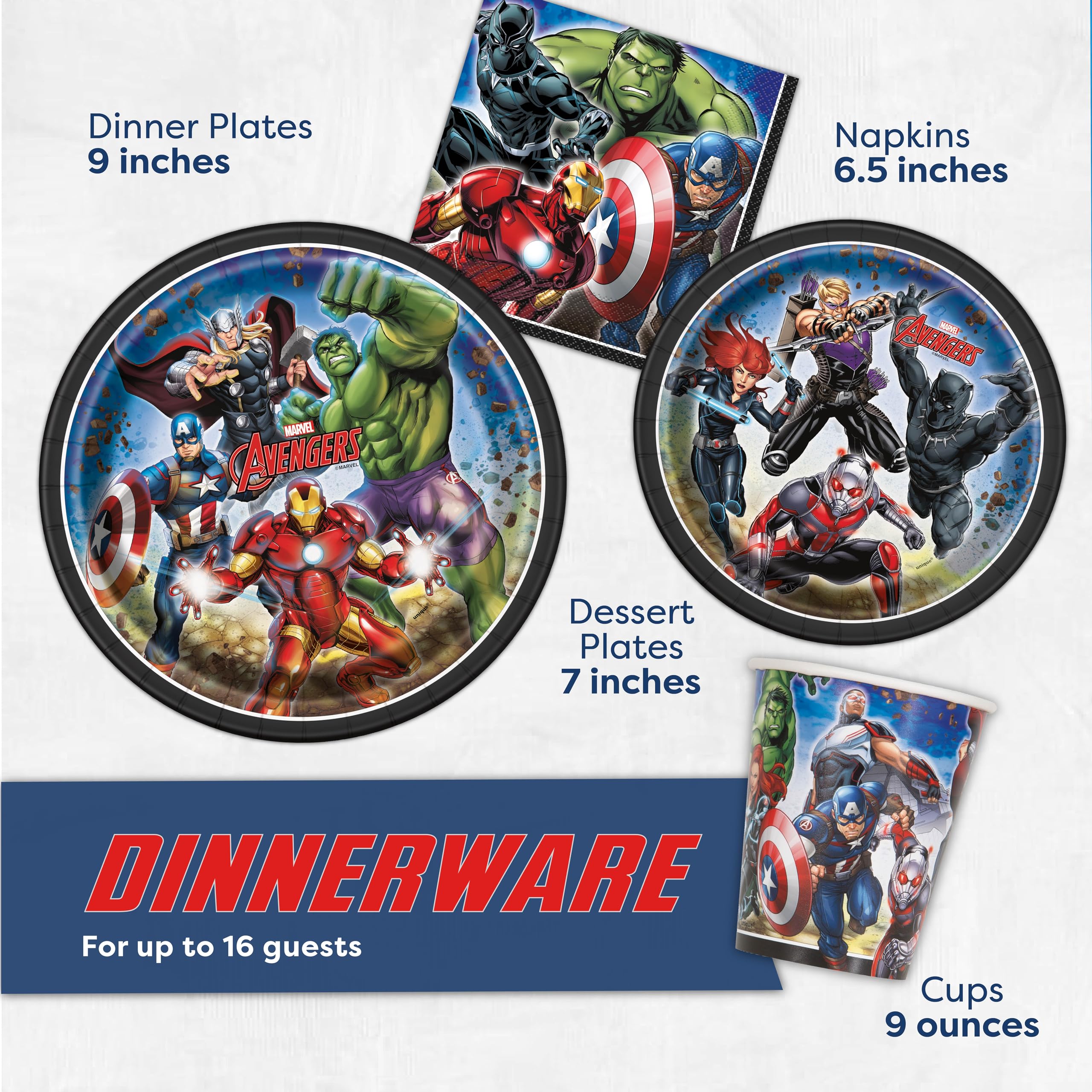 Marvel Avengers Party Supplies and Decorations for Superhero Birthday Party, Serves 16 Guests, Perfect for Girls and Boys, Easy Setup and Takedown with Plates, Napkins and Cups