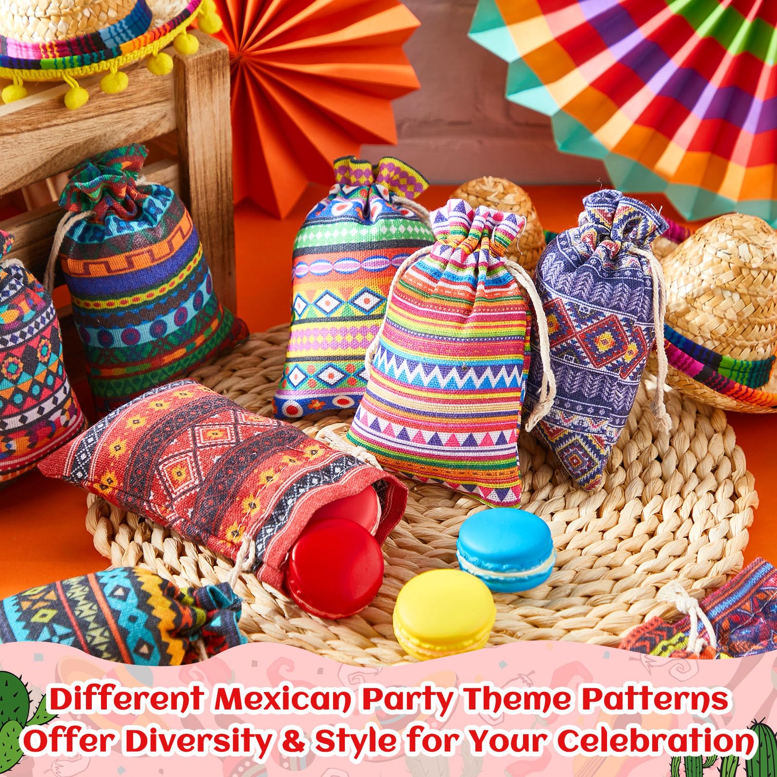 SilTriangle 50 Pcs Mexican Cloth Drawstring Gift Bag 4 x 6 Inch Fiesta Mini Cotton Jewelry Pouches Reusable Goodie Candy Bags for Cinco De Mayo Grad Party Holiday Favor Supplies