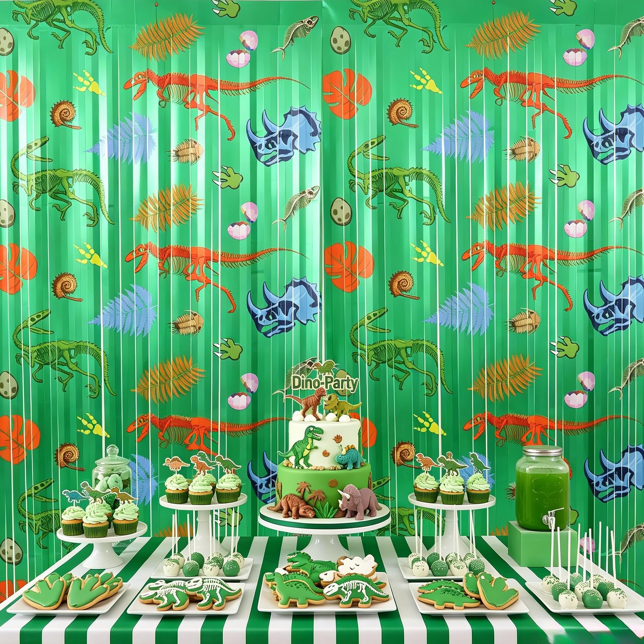 TONIFUL 2Pcs Green Metallic Foil Fringe Curtains with Dinosaur Pattern