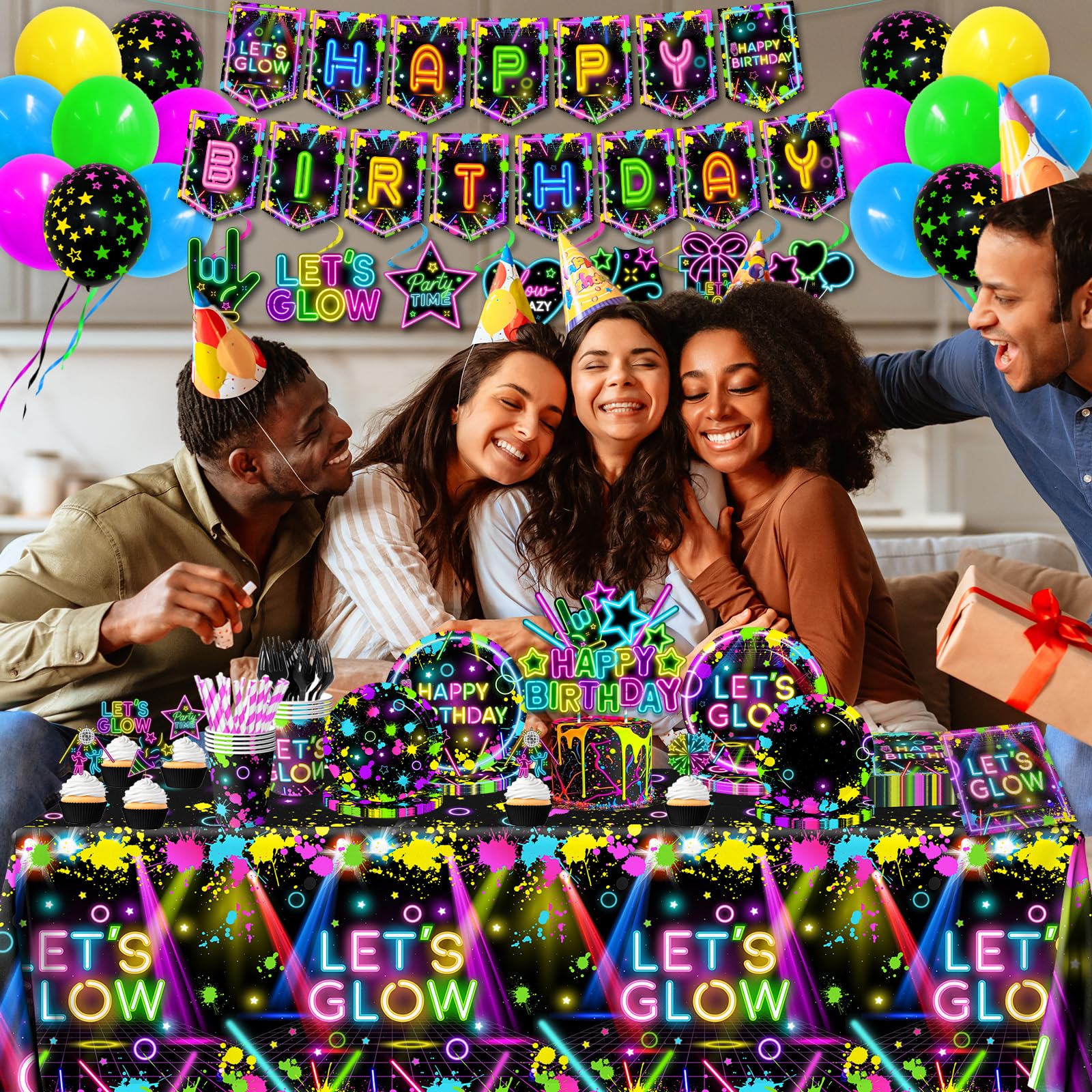 Neon Party Supplies Serves 24,Glow in The Dark Themed Tableware Including Plates,Napkins,Banner,Tablecloths Neon Birthday Party Decorations for Let's Glow Baby Shower Birthday Favors