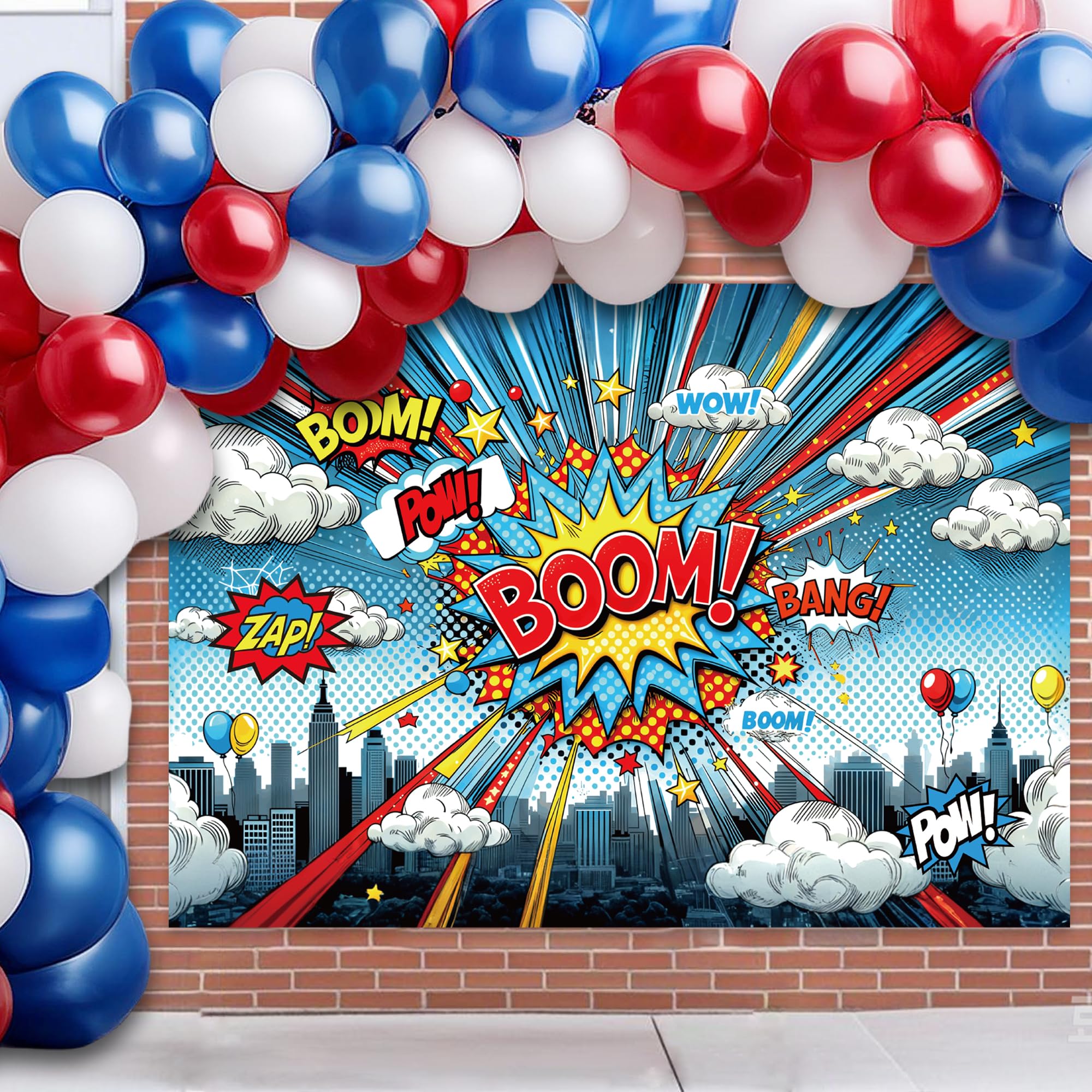 Cartoon Hero Birthday Backdrop 7x5ft Comic Skyline Buildings Cityscape Background for Super City Hero Theme Birthday Party Decoration