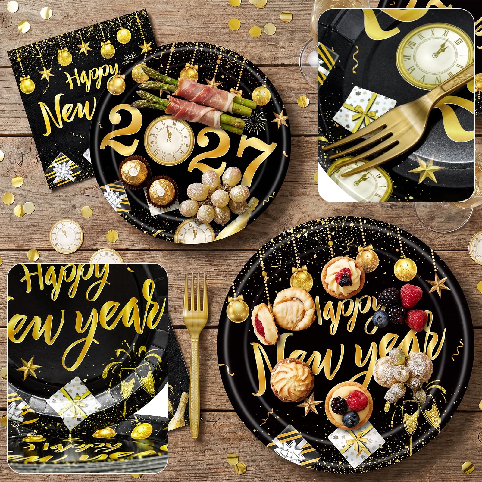 96 Pieces Happy New Year Tableware Set – Black and Gold 2027 Disposable Plates, Napkins, and Forks with Fireworks and Champagne Designs for New Year’s Eve Dinners and Celebrations – Serves 24
