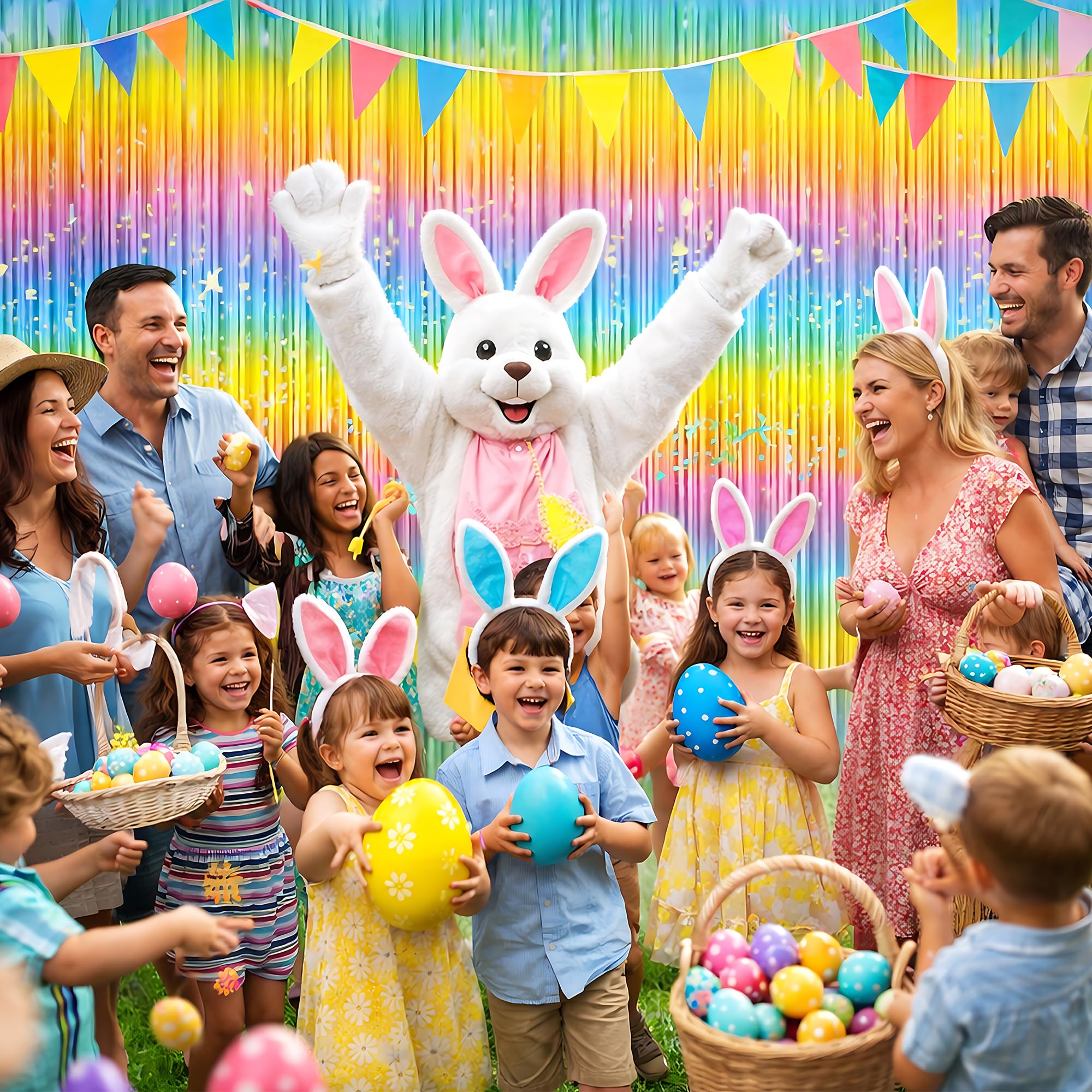 Easter Decorations - Rainbow Tinsel Streamers Backdrop Banner | Easter Party Favors Supplies Indoor Outdoor - Spring Birthday Decor Party Accessories for Wall Door