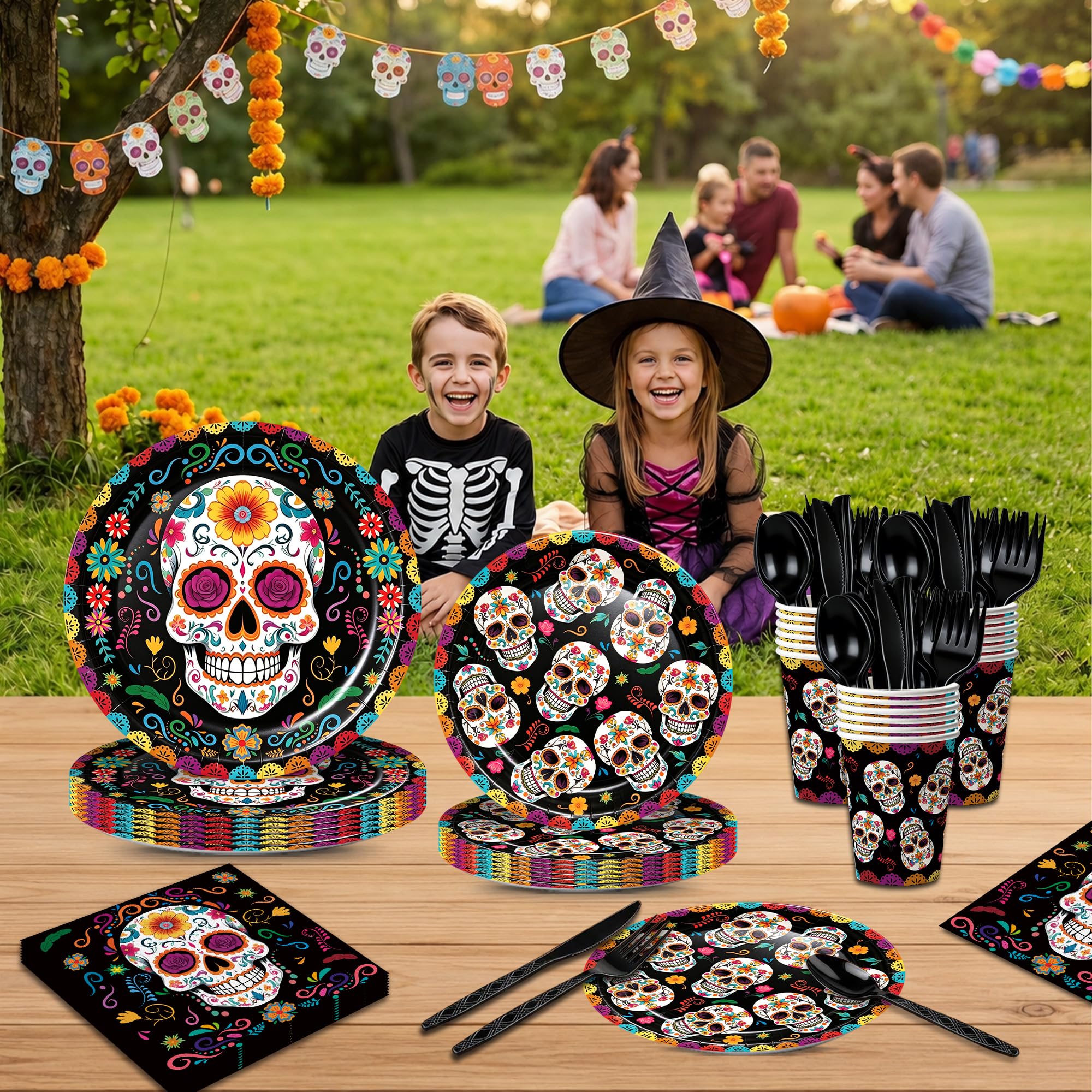 XIENBLOC 168pcs Day of the Dead Party Supplies Plates Napkins Dia de Los Muertos Tableware Set Sugar Skull Paper Plates Black Forks for Day of the Dead Party Decoration Serve 24