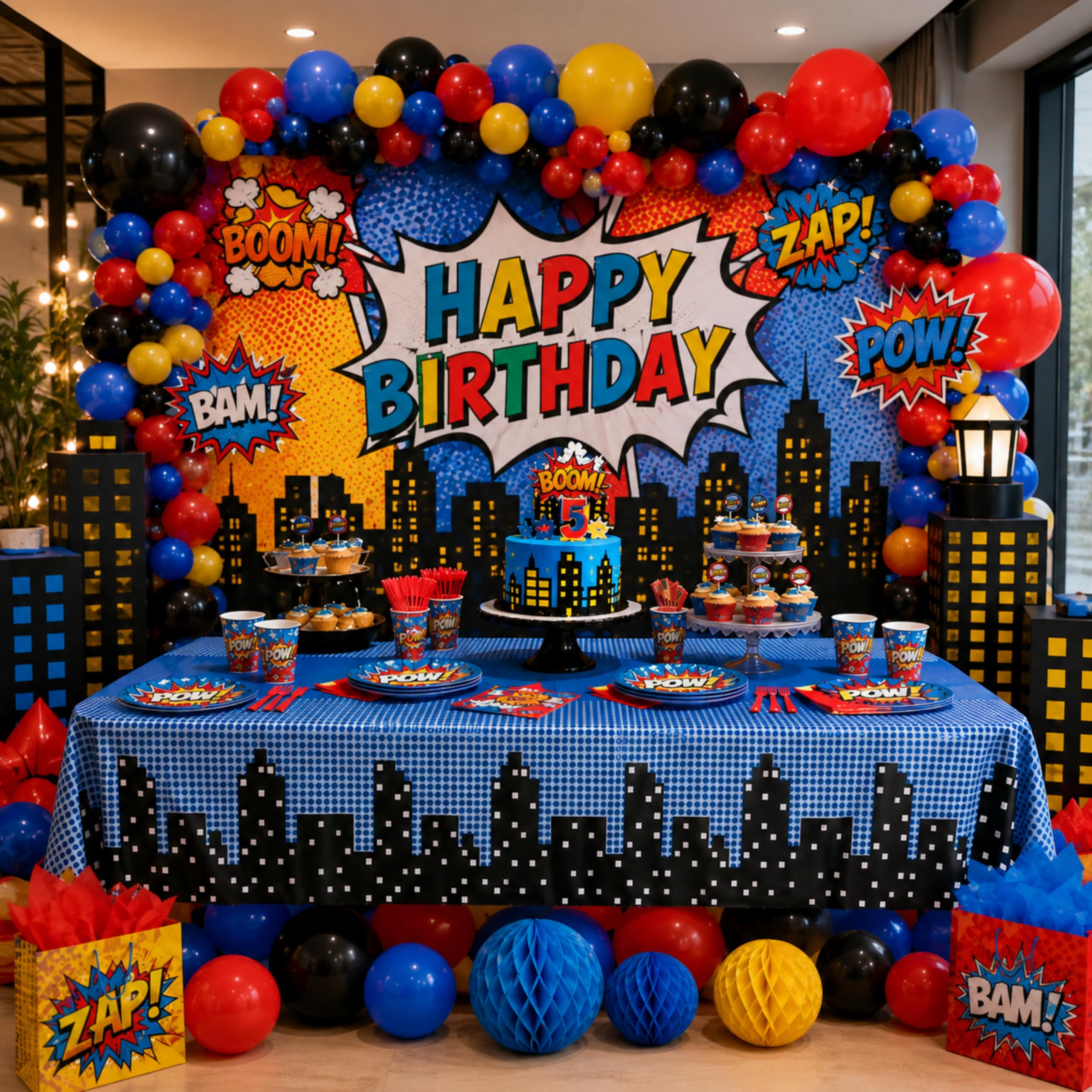Blue Orchards Superhero Cityscape Table Covers (Pack of 3) 108"x54" XL - Boy Super Hero Tablecloth for Parties, Birthday Party Supplies, Decorations, Durable Disposable Waterproof Plastic Table Cloth