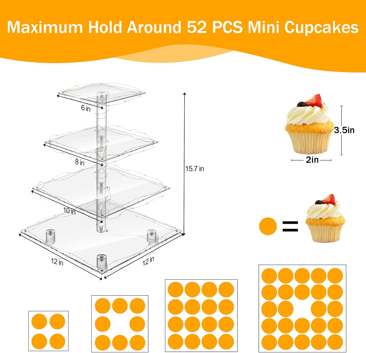 YestBuy Cupcake Stand with Yellow LED Lights, 4 Tier Cupcake Stand for 50 Cupcakes, Acrylic Cupcake Tower Stand, Clear Tiered Cupcake Holder for Birthday Candy Bar Décor Weddings, Parties Events