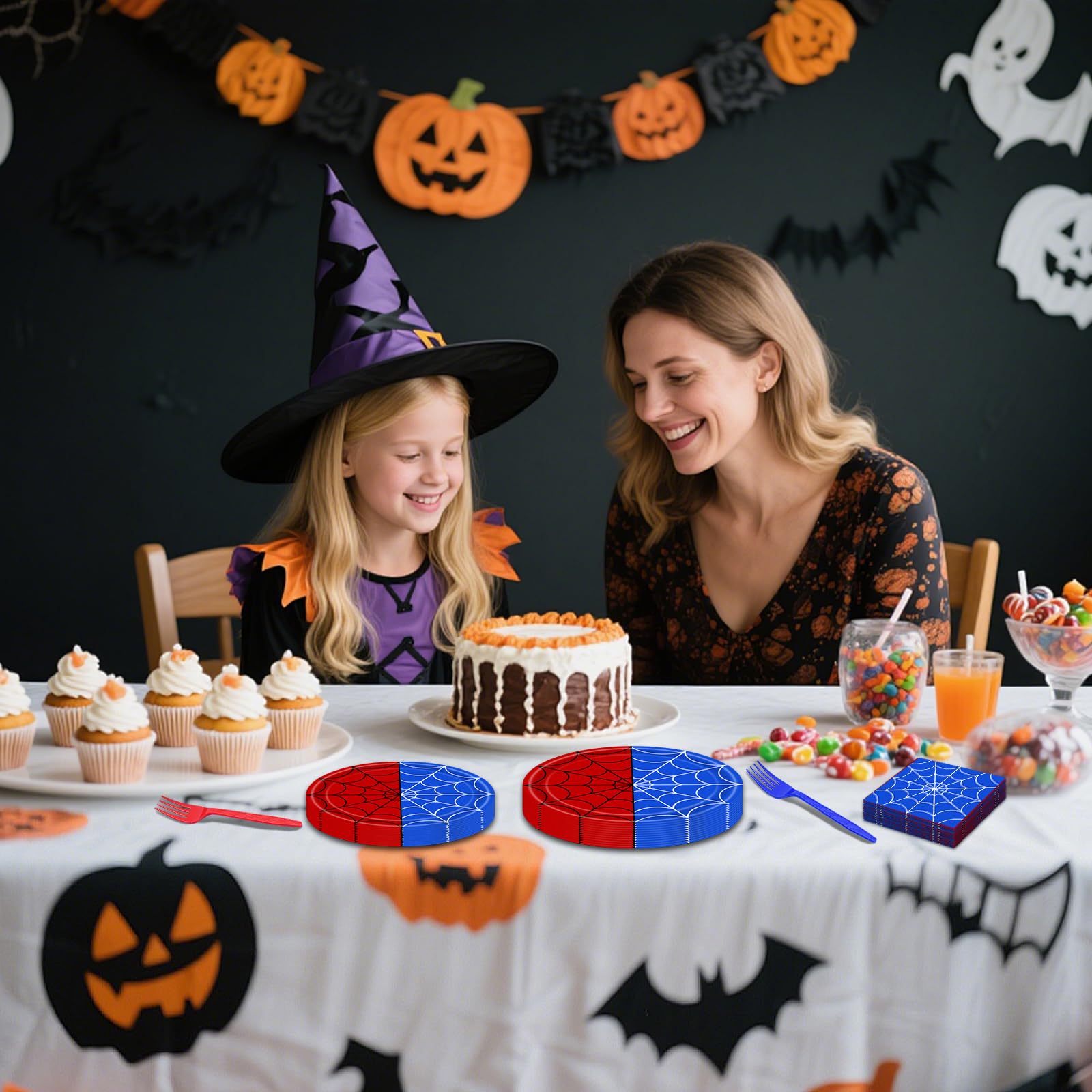 100 Pieces Halloween Spider Web Party Tableware Set – Red Blue Web Plates, Napkins and Forks, Disposable Dinnerware for Boys Birthday and Halloween Party Supplies