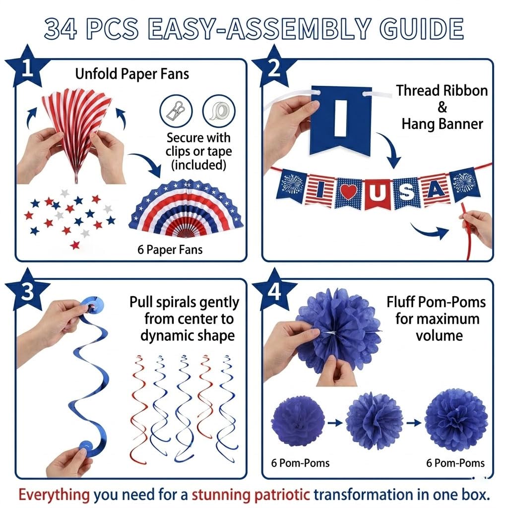 34PCS 4th of July Decorations Patriotic Decorations Love USA Banner Red White Blue Paper Fans, Star Streamer, Pom Poms, Hanging Swirls for Memorial Day Veterans Labor Presidents Flag
