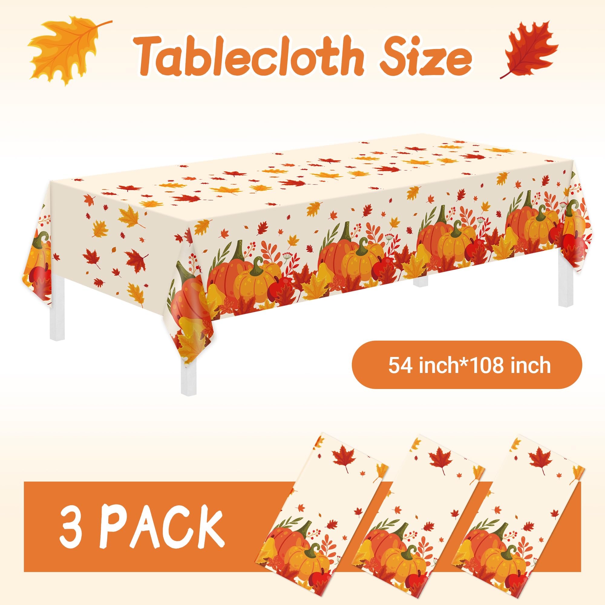 3 Pack Thanksgiving Disposable Tablecloths,54 x 108 Inch Thanksgiving Decorations,Give Thanks Table Cloth for Rectangular,Pumpkin Maple Tablecloths for Home,Party,Outdoor Picnic,Fall Theme,Baby Shower