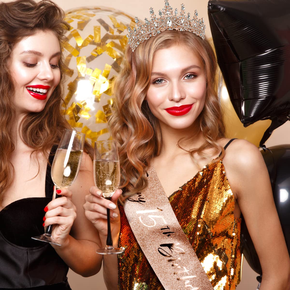 TOBATOBA 15th Birthday Decorations - Rose Gold Sash & Tiara for Quinceanera Party Favor Supplies