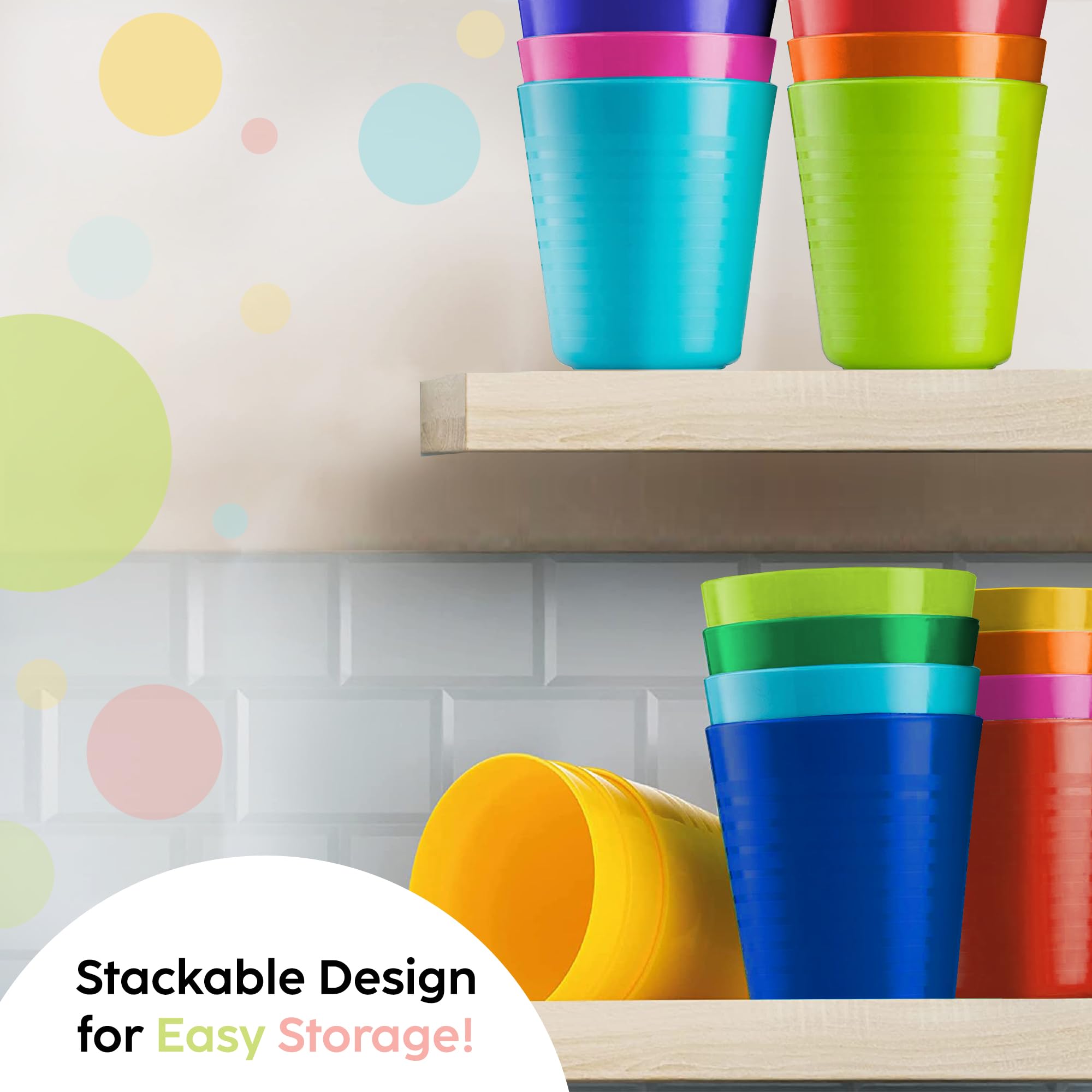 PLASKIDY Kids Cups - Set of 18 Plastic Toddler Drinking Cups, 8 Ounce Tumblers in 9 Assorted Colors - Reusable, Dishwasher Safe, BPA Free for Kids and Toddlers