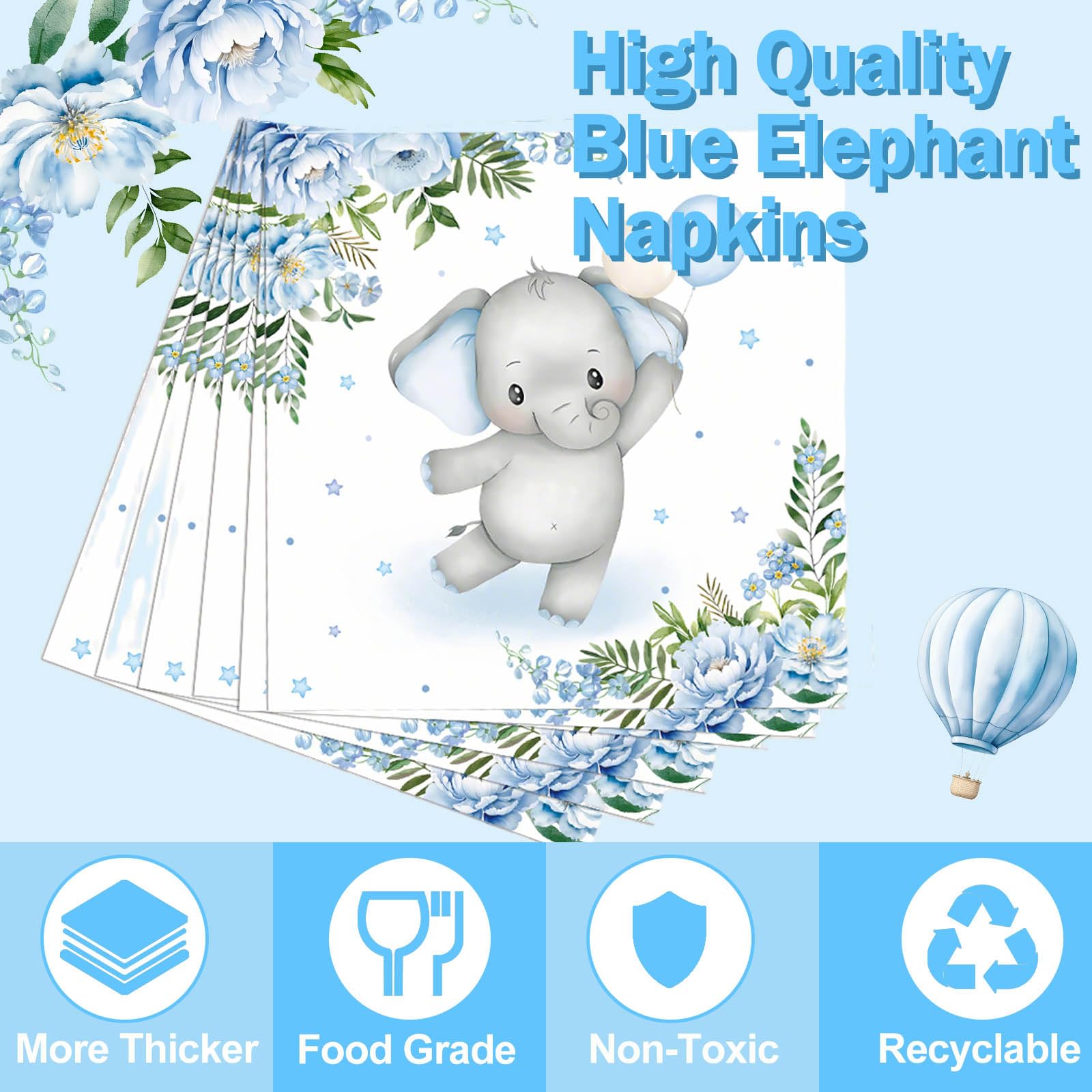 Elephant Baby Boy Shower Party Supplies - 175pcs Blue Elephant Party Decorations Paper Plates Napkins Cups and Utensils Tableware Sets Blue Floral Theme Birthday Party Tableware Set