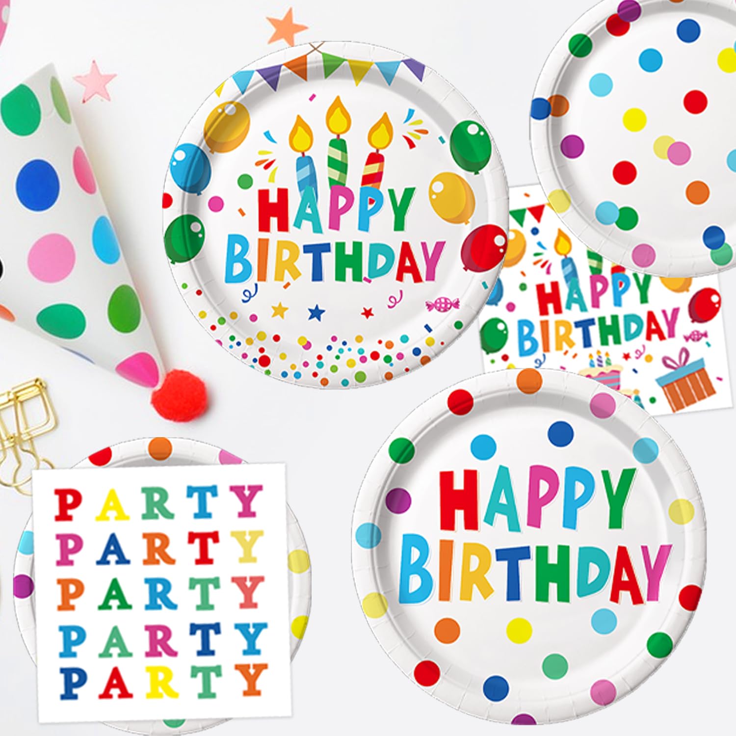Happy Birthday Decorations - Colorful Dots Birthday Party Supplies Includes Plates, Napkins, Cups, Cutlery, Banner, Hanging Swirl, Tablecloth, Balloons for Birthday Decorations, Serves 24