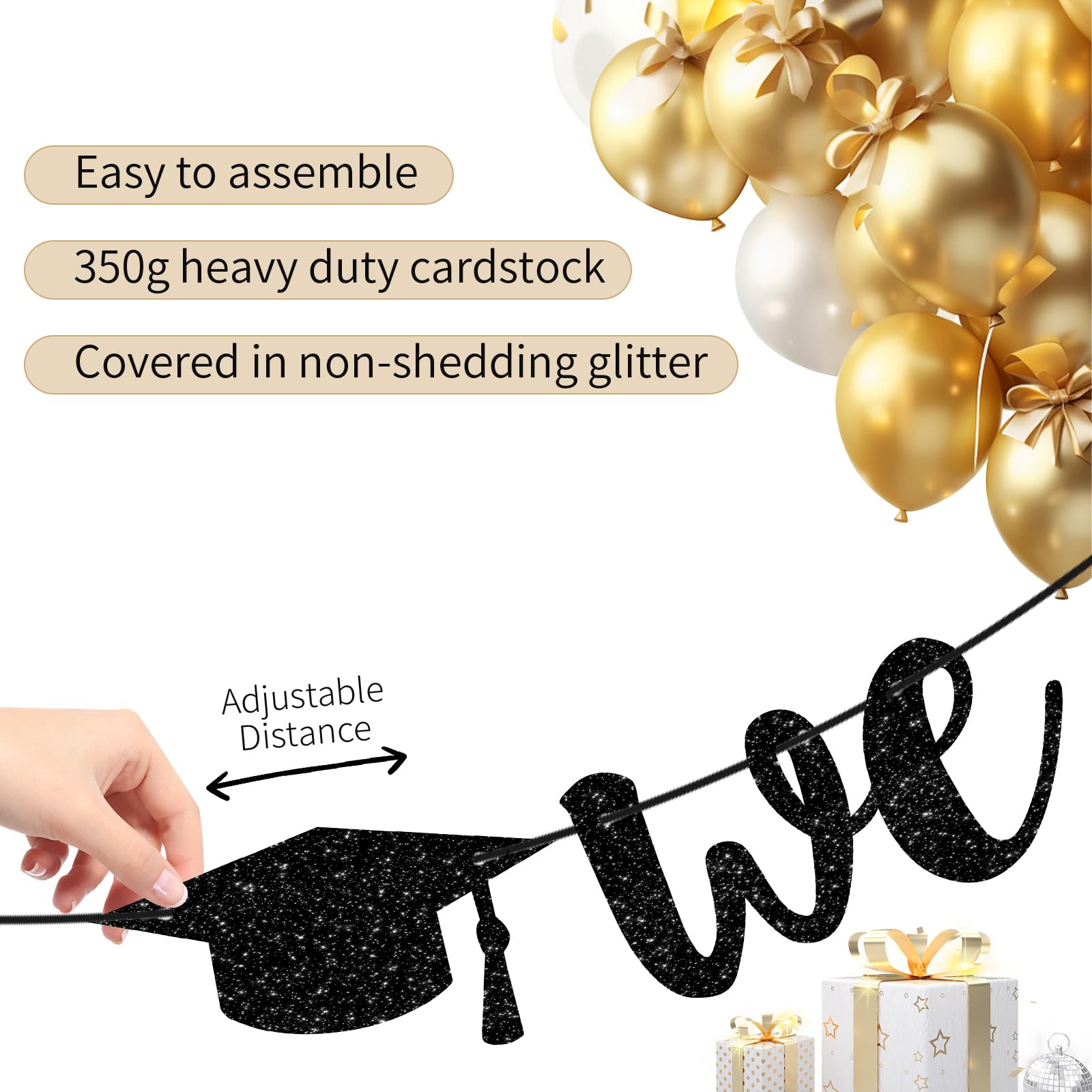 LXDNBGO Graduation Decorations 2026, Black Double-sided Glitter Graduation Banner, Congratulation Banner, Congrats Grad Sign Decor, Class of 2026 Decorations for High School College Grad Party