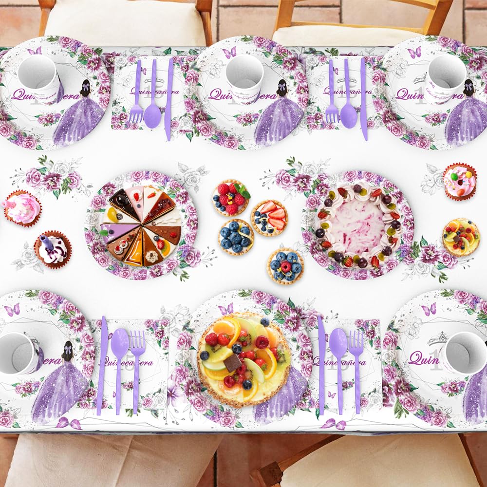 AIBIIN 194pcs Quinceanera Decorations 15th Birthday Decorations Party Plates, Cup, Napkin, Tablecloth, Tableware, Purple Disposable Quinceanera Birthday Party Supplies Plates Serve 24 Guests