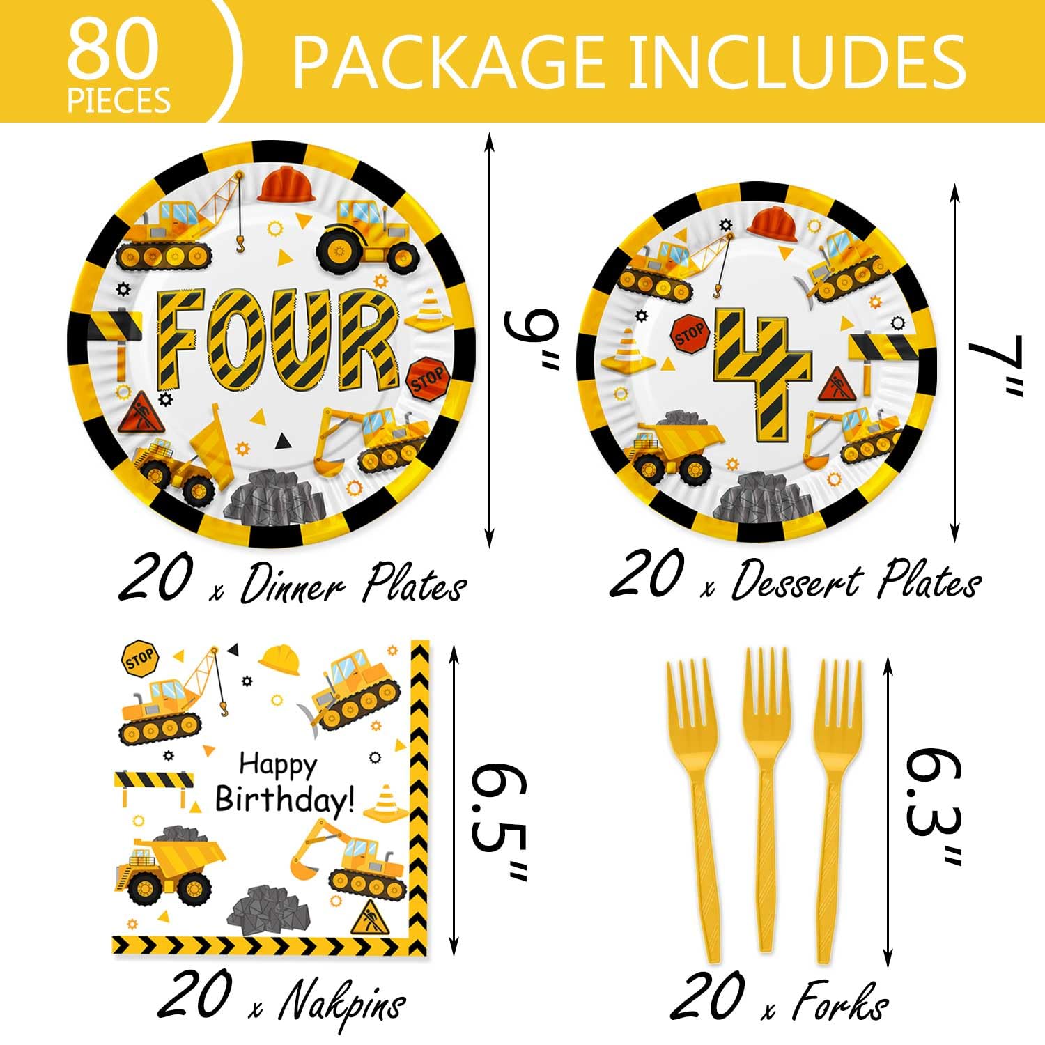 Letromp 80 Pcs Construction 4th Birthday Decorations Construction Four Years Old Disposable Paper Dinner Plates Napkins Forks Dinnerware for Dump Truck Theme Fouth Bday Party Supplies Decorations