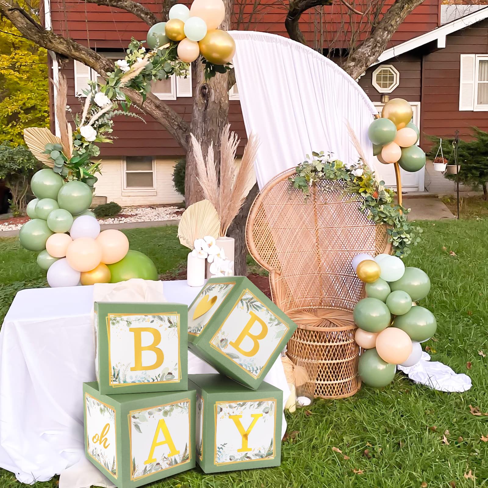 RUBFAC Baby Shower Boxes with Letters, 4pcs Sage Green Baby Shower Decorations for Boy Girl Balloon Boxes Gender Reveal Birthday Party Favors