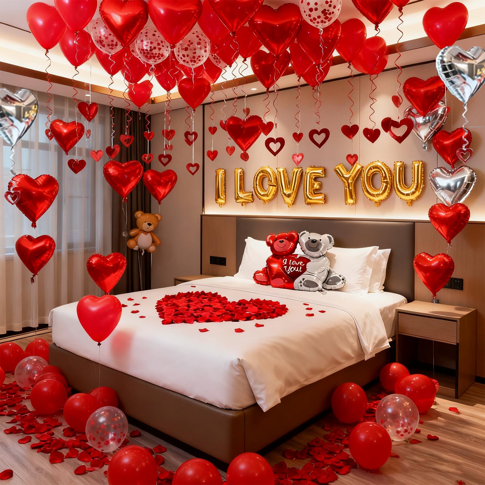 54pcs I Love You Heart Balloons Valentines Decoration with 50 Hanging 1000 Silk Rose Petal Bear Heart Shaped Silver Red Balloons for Romantic Night Wedding Anniversary Decor Valentines Party