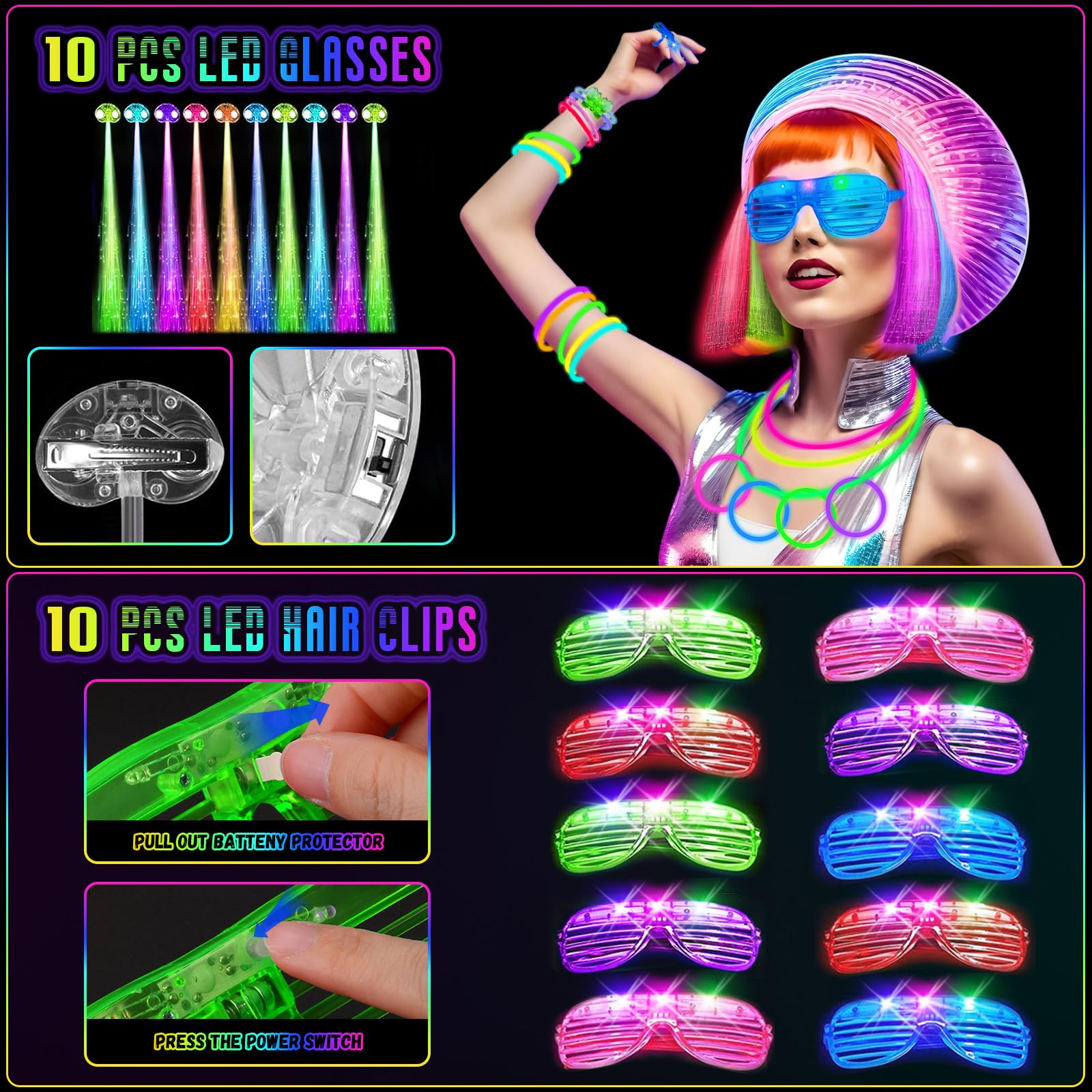 OLUPP Glow In The Dark Party Supplies, 264 PCS Light Up Favors with LED Glasses, Glow Sticks, Finger Lights, LED Hair Clips, Slingshot, Glasses Molds, Butterfly Bracelet for Neon,Raves, Halloween, NY