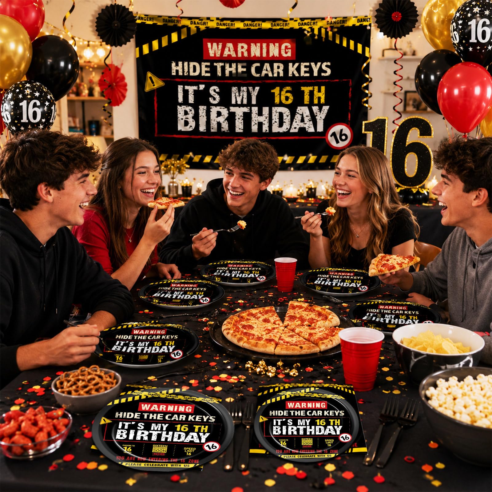 96 PCS Caution Logos 16th Birthday Party Paper Plates and Napkins 16 Years Old Party Decor Warning Sign Themed Teens 16th Dinnerware for Boys Girls 16 Years Old Birthday Gatherings Decorations