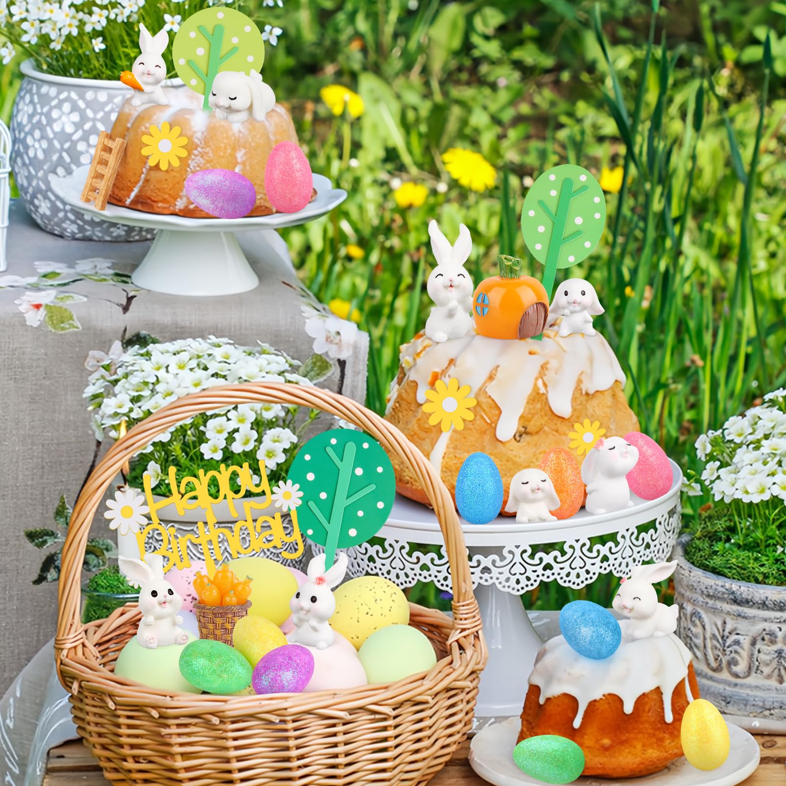 Hooqict 29Pcs Easter Cake Decorations Set with Mini Rabbits, Easter Eggs, Carrots, Happy Birthday Bunny Cake Topper & Cupcake Topper for Kids Bunny Birthday Decorations Rabbit Themed Party Supplies