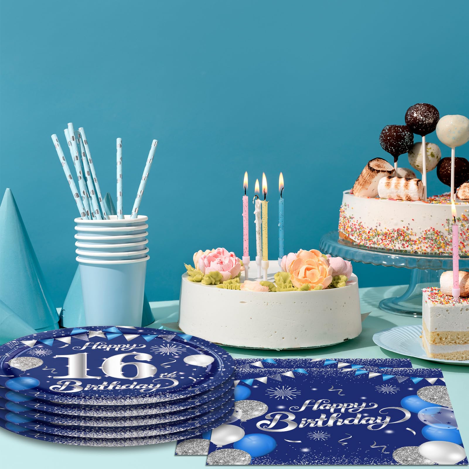 16th Birthday Decorations for Boys16th Birthday Party Tableware Set 16 Years Old Birthday Party Dessert Plates Napkins Blue and Silver Happy 16th Birthday Party Decorations Supplies for Boys Girls