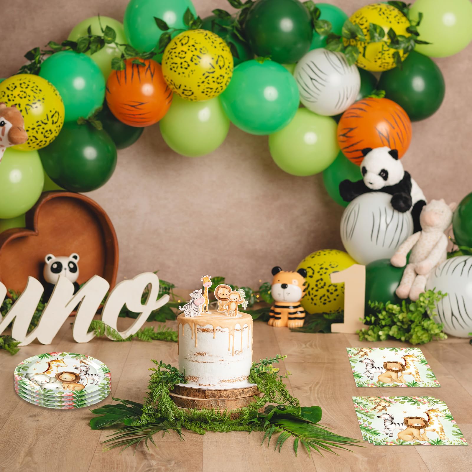DURYGEN 40PCS Jungle Safari Birthday Decorations Disposable Tableware Set Safari Jungle Themed Party Dessert Plates, Napkins Baby Shower Animal Birthday Party Decorations for Boys Girls