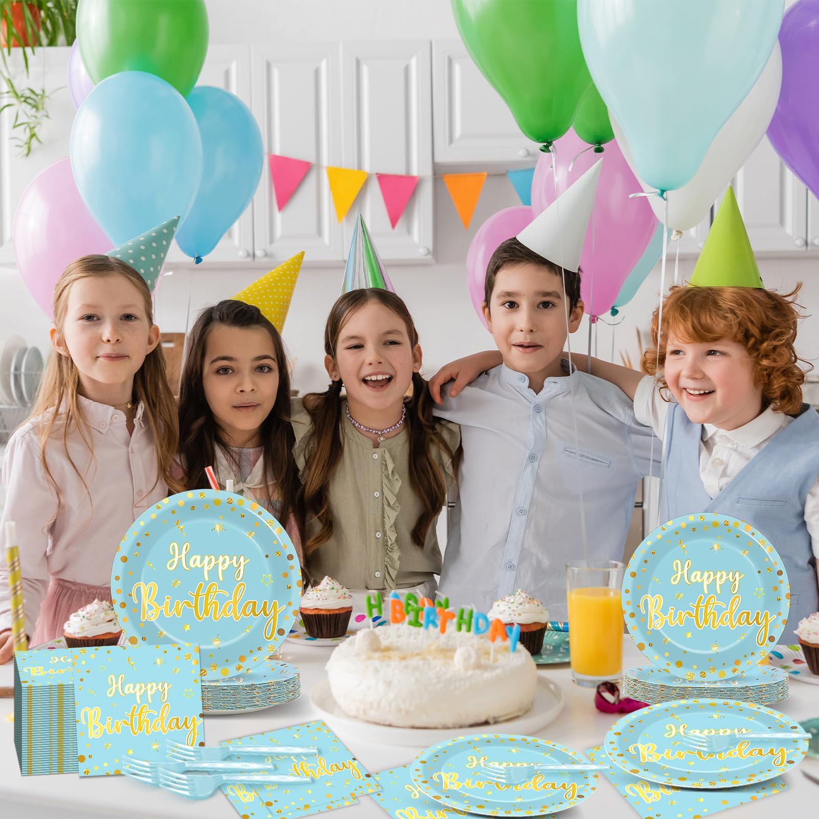 CHUNNIN 96PCS Blue Happy Birthday Plates and Napkins Happy Birthday Party Decorations Light Blue and Gold Dessert Plates Tableware for 24 Guests Kids Party Supplies