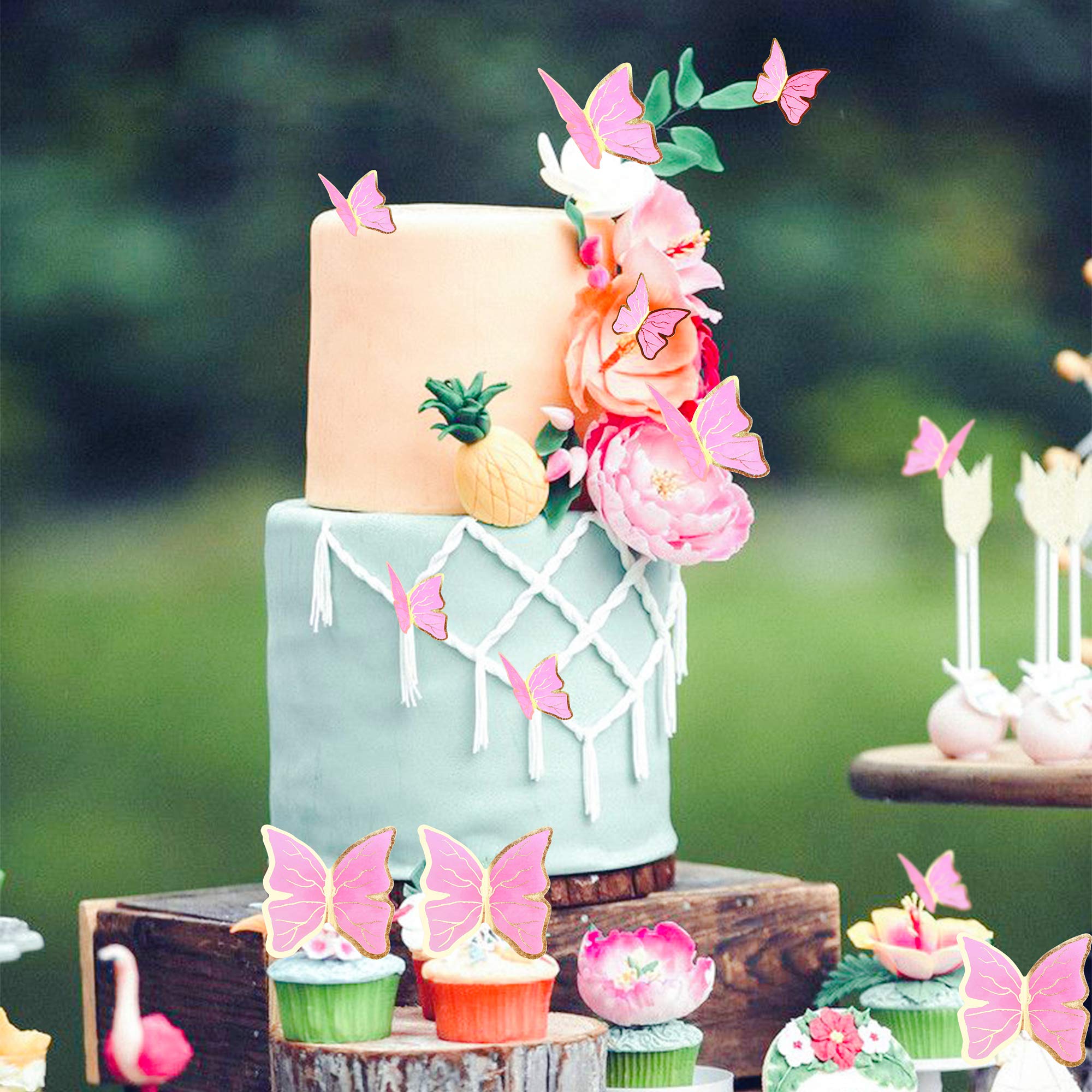 30Pcs Golden Pink 2D Waterproof Butterflies Cake Topper Transparent Butterfly Cupcake Picks for Floral Cake Decorations Girls Pink Birthday Wedding Cake Ornament Butterfly Party Decorations