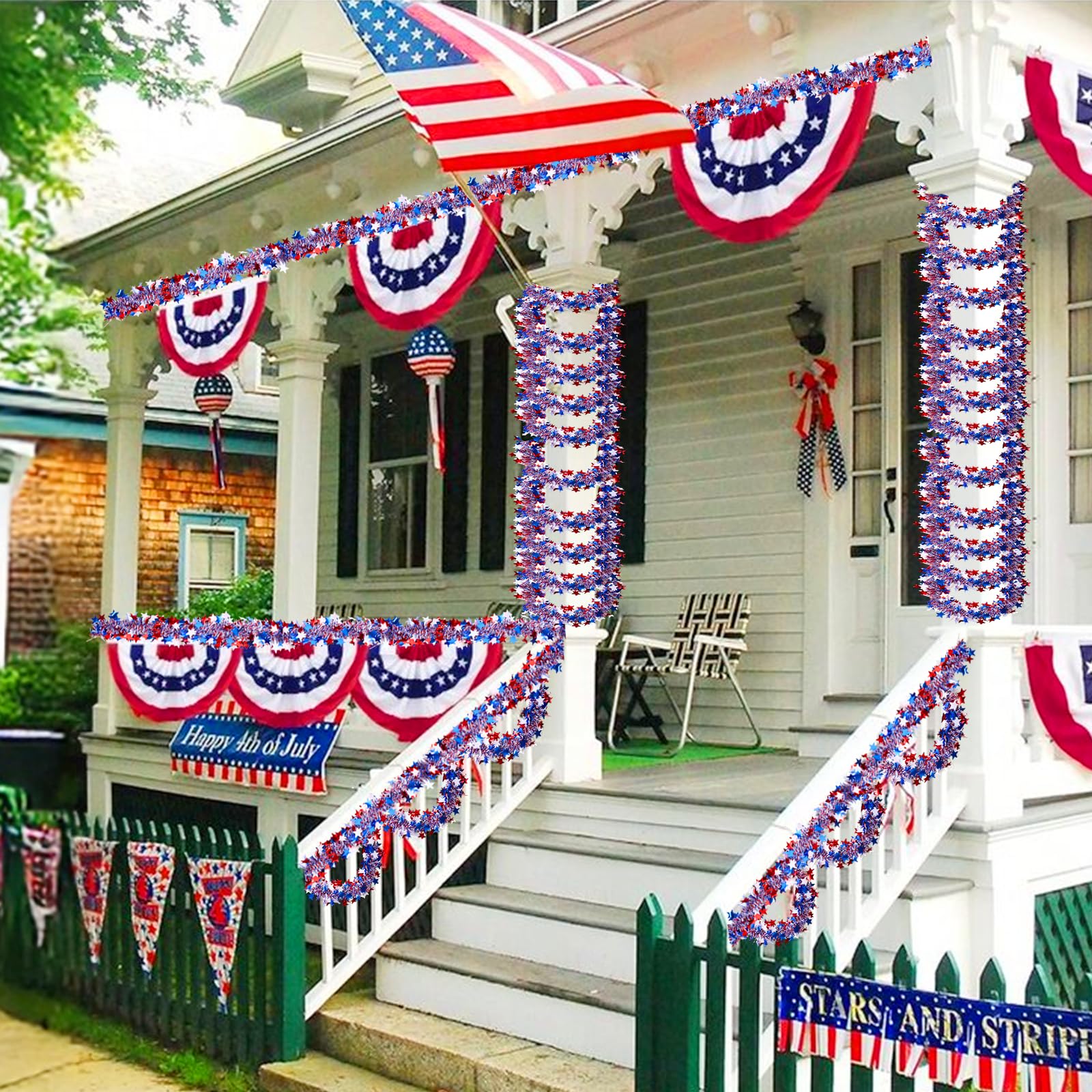 4th of July Garland Decorations,50Ft Glitter Tinsel Patriotic Decor for Tree Car Golf Cart Parade Float Bike Party Table Yard Door Boat Indoor Outdoor Holiday Home