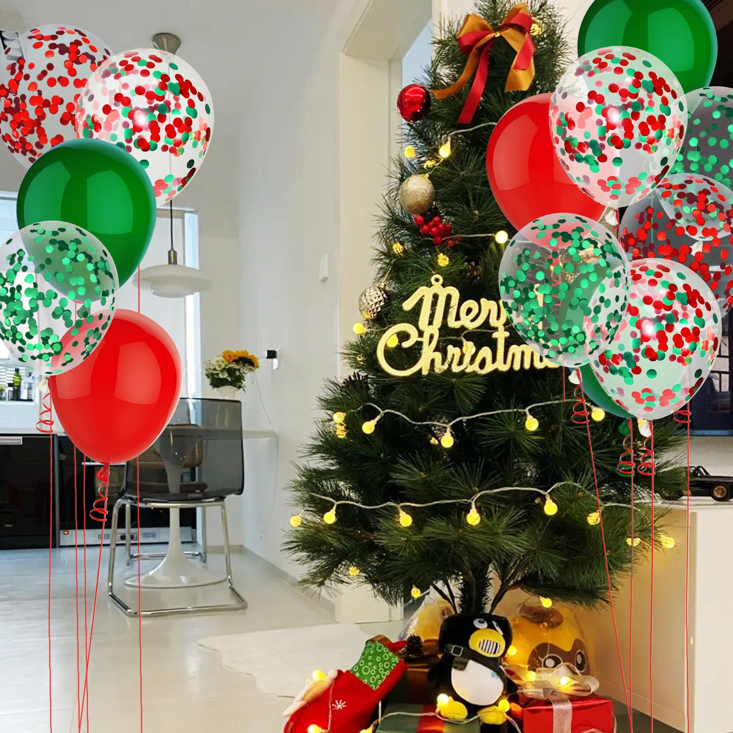 PheiLa 50 Pcs 12 Inch Red and Green Confetti Balloons Christmas Balloons with Ribbons Christmas Party Decorations for Xmas Color Themed Party New Year Baby Shower Birthday Party Supplies