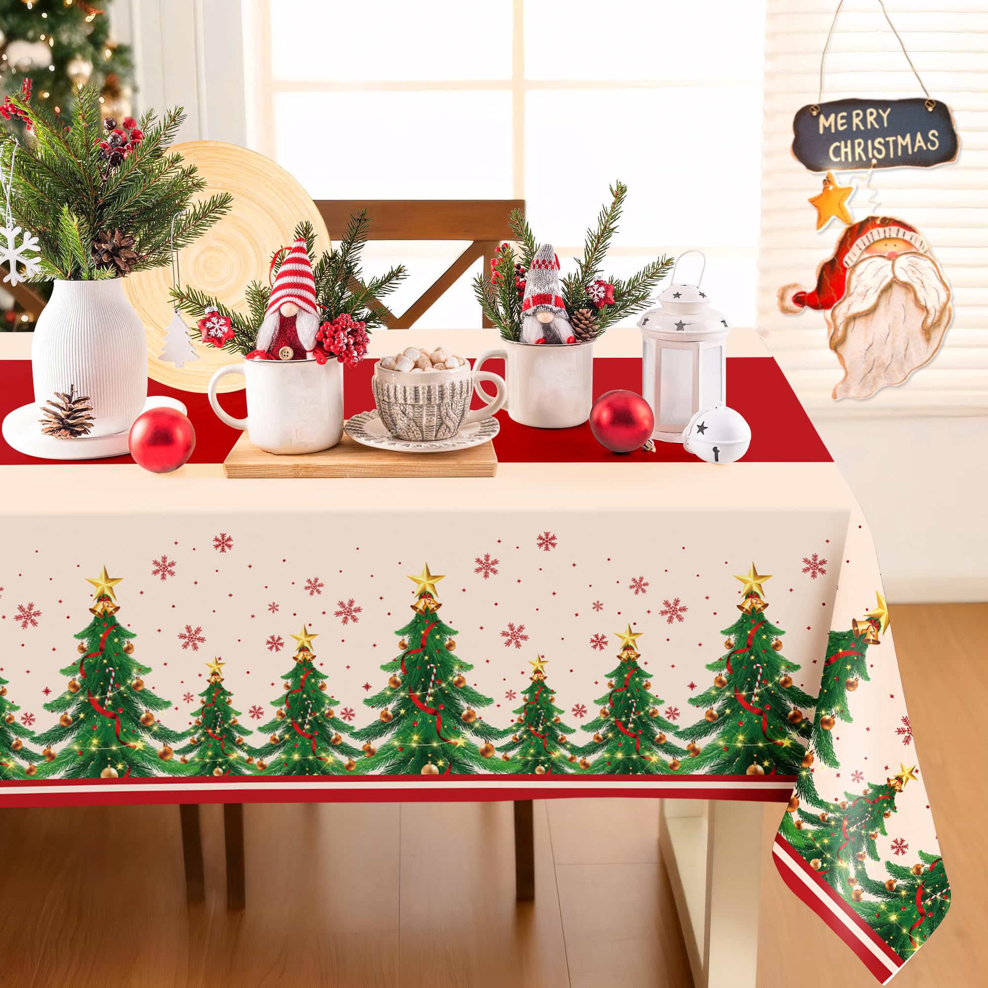 Childom 2 Pack Christmas Tablecloths,Christmas Party Decoration,54 x 108 Inch,Disposable Plastic Table Cloths Rectangular for Party Supplies,Xmas Tree Table Cover for Home,Dinner,Indoor,Outdoor,Picnic