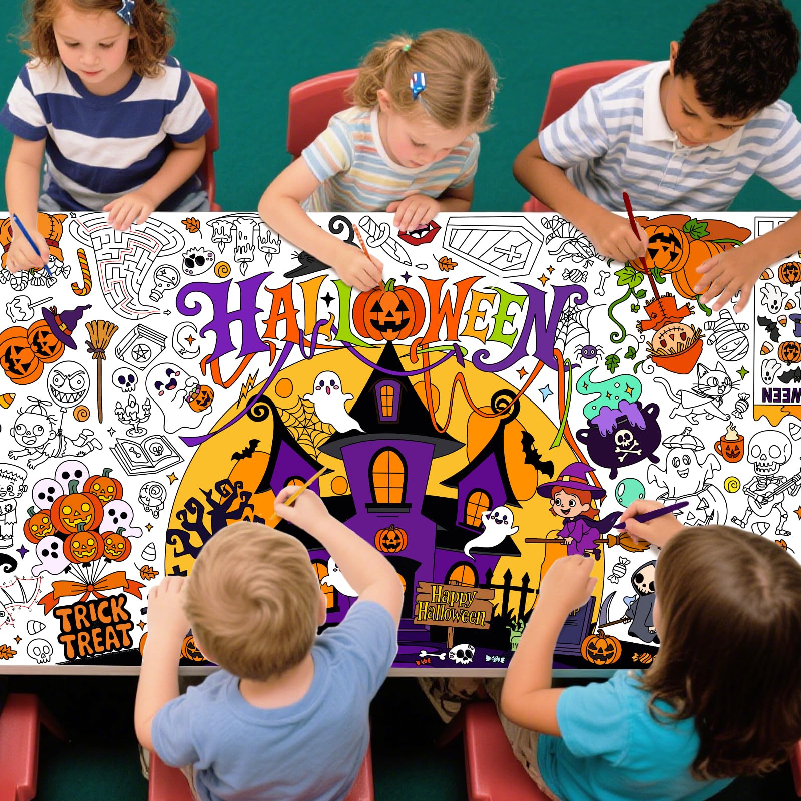 Halloween Activity Poster, 31.5 x 72 Inch Halloween Craft Paper Coloring Banner, Halloween Tablecloth for Kids, Halloween Decorations for School Party, Classroom Activities and Special Events