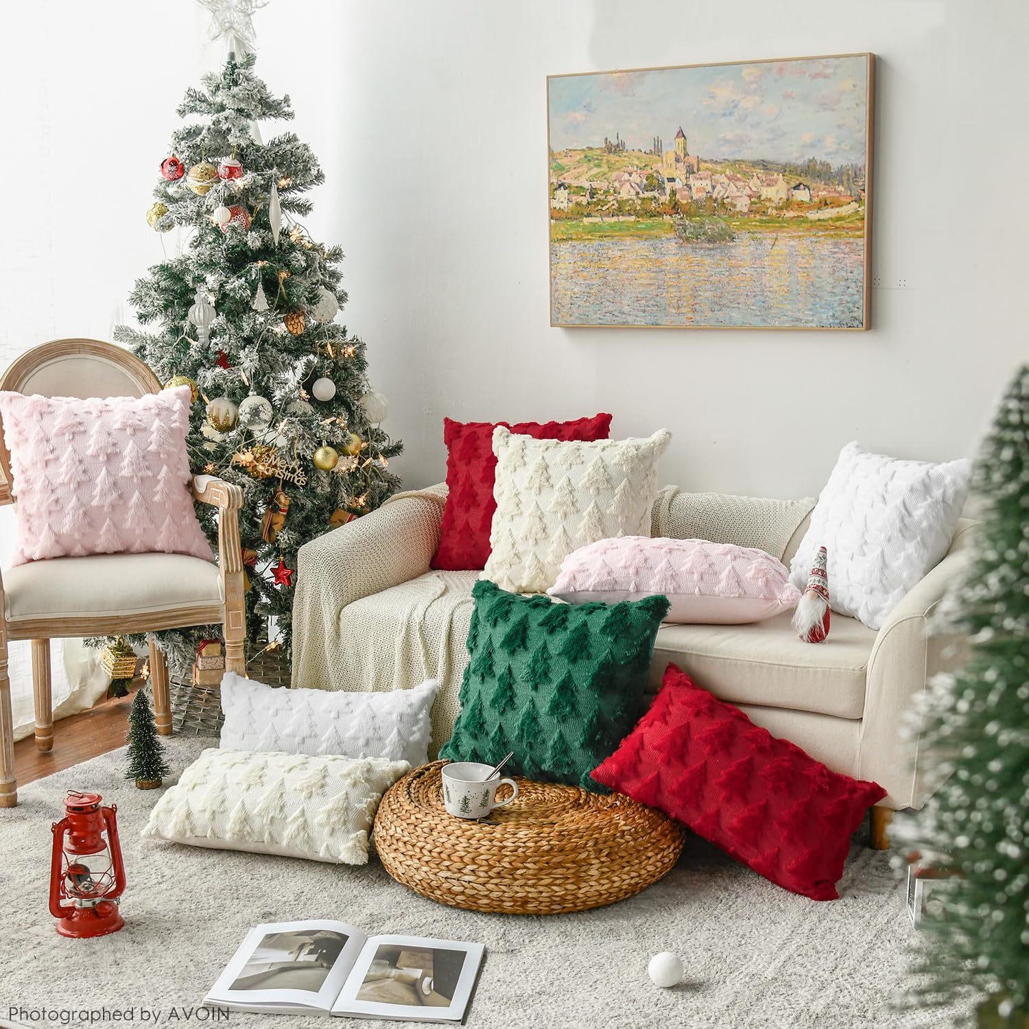 AVOIN colorlife Christmas Tree Beige Throw Pillow Covers Set of 2, 18 x 18 Inch Soft Plush Faux Fur Jacquard Festivals Winter Cushion Case Decoration for Sofa Couch