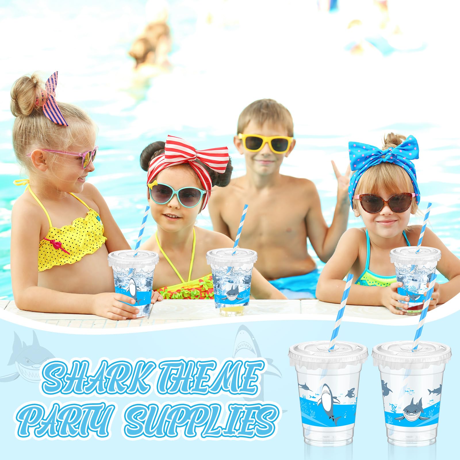 Teenyyou 50 Pcs 12 oz Disposable Plastic Cups with Straws, Lids and Leakproof Paper Clear Birthday Party Cups Supplies Birthday Table Decorations(Shark,Blue)