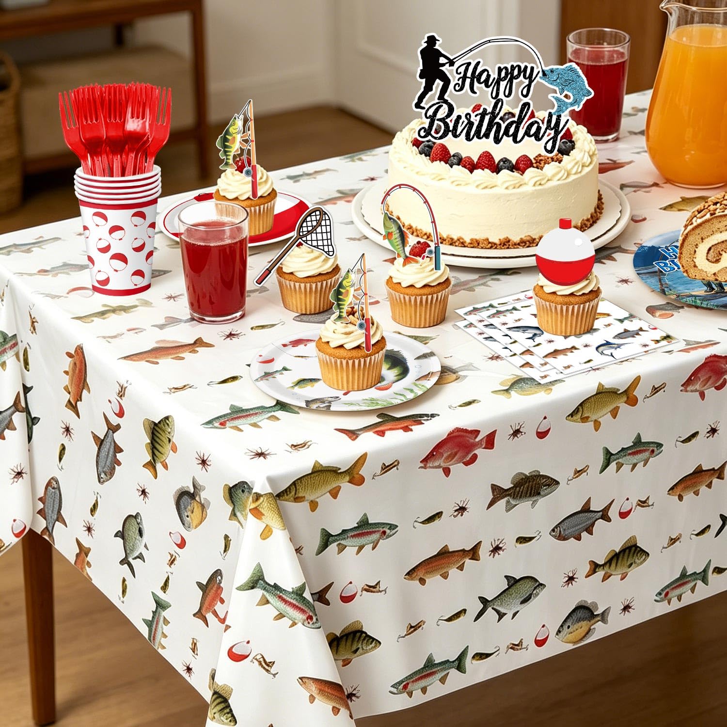 Fishing Birthday Party Decorations Kit with Plates, Napkins, Cups, Cutlery, Honeycomb Balls, Banner, Hanging Swirls, Tablecloths, Toppers, Balloons for Ofishally One Birthday Decorations, Serves 24