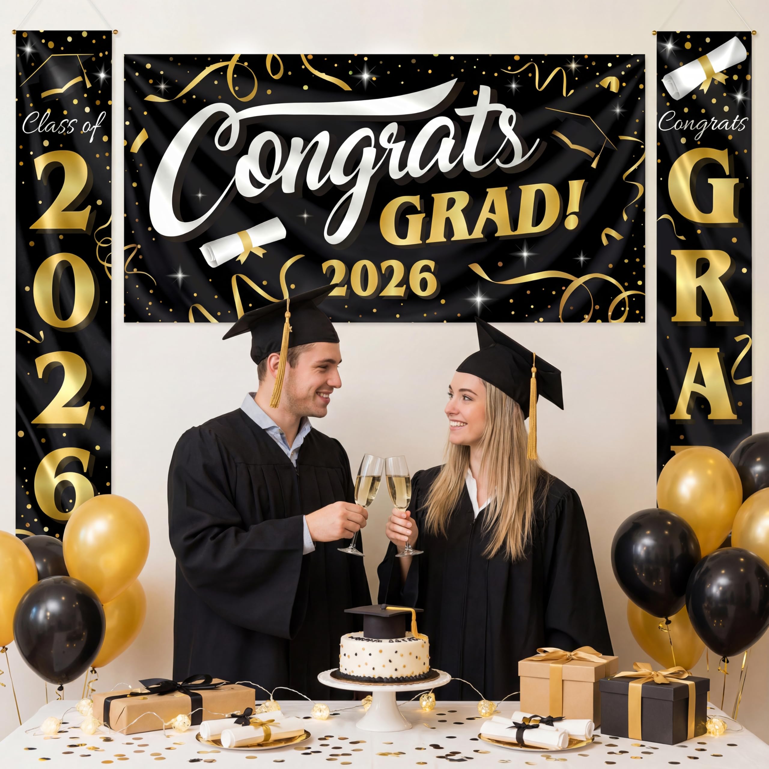 JOYIN 3 Pcs Graduation Decorations Class of 2026, Large Graduation Banners Set, Gold & Black Congrats Grad Party Backdrop and Banner Hanging Porch Supplies for College Graduation Indoor/Outdoor Decor