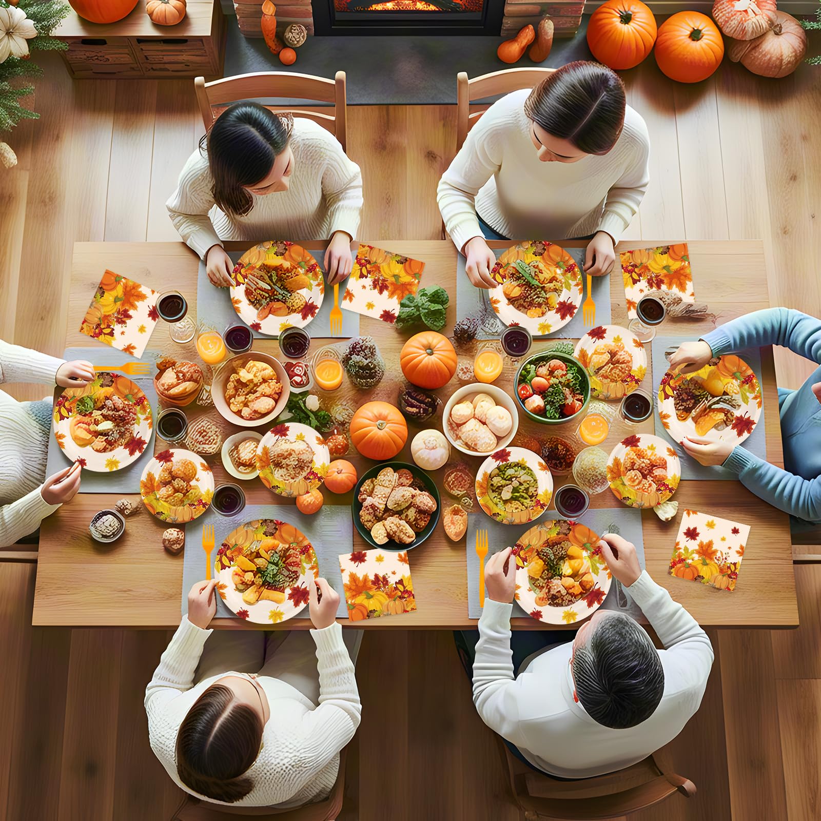 100 Pcs Thanksgiving Plates and Napkins Sets - Fall Pumpkin Maple Leaf Round Tableware, Disposable Thanksgiving Paper Plates and Napkins Forks for Thanks giving Party Supplies Table Decor, Serves 25