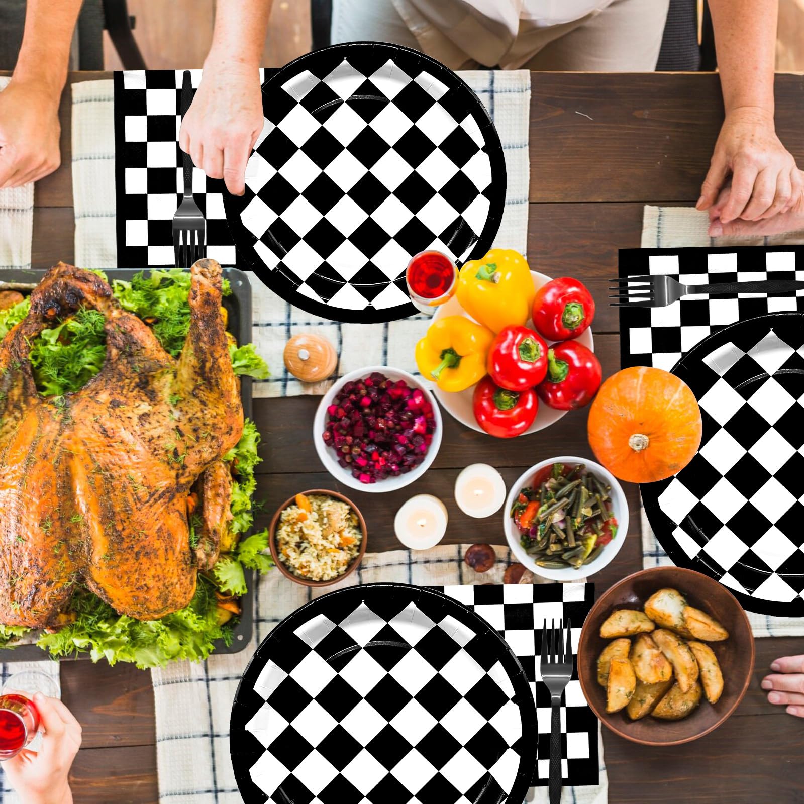 96 Pieces Racing Theme Party Supplies - Black and White Checkered Pattern Disposable Tableware with Paper Plates, Napkins, Forks for Race Car Dirt Bike Birthday Decorations, Sports Events Celebrations