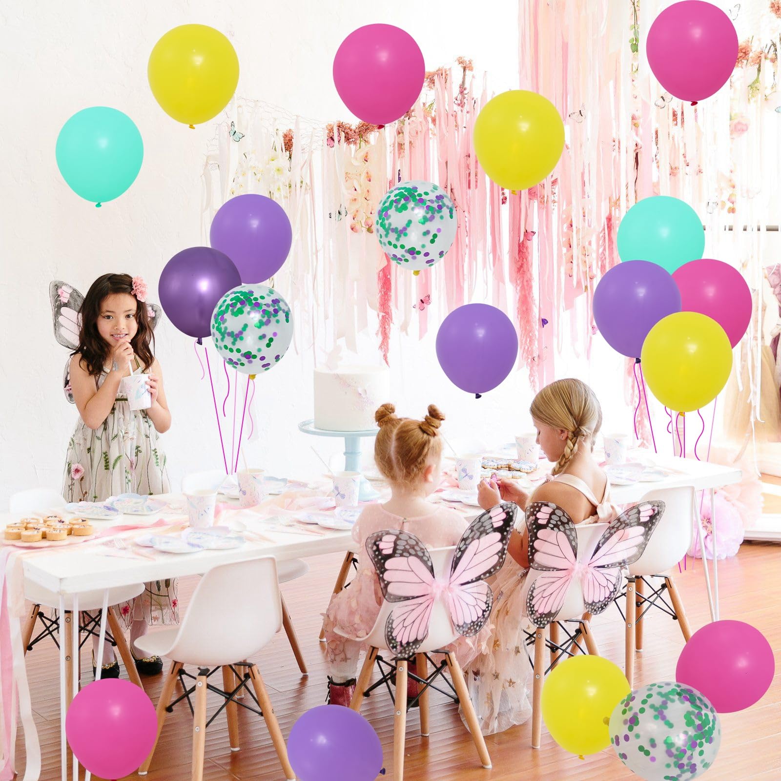 Patimate Birthday Balloons Set, 50 pcs 12 inch Hot Pink Metallic Purple Yellow Teal Confetti Latex Balloons Kit for Kid's Birthday Baby Shower Magic Theme Party Decorations