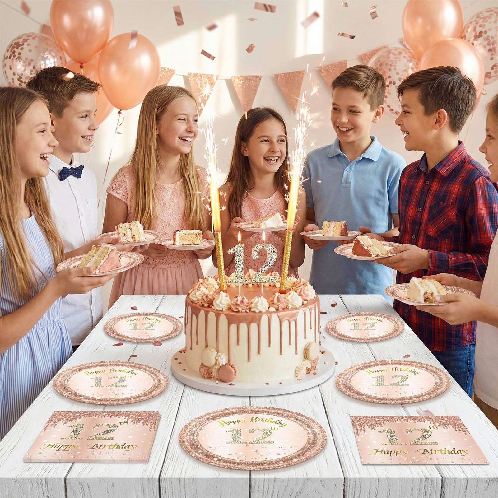 40Pcs 12th Birthday Decorations for Girls Rose Gold 12th Birthday Party Plates and Napkins Happy 12 Years Party Theme Tableware Disposable 7'' Paper Plates, Napkins for Her,Girls Teen Party Supplies