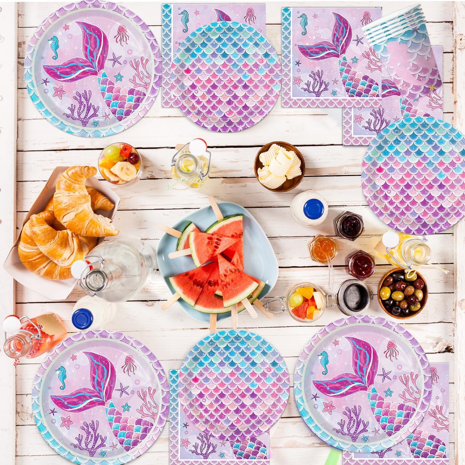 122Pcs Mermaid Birthday Party Decorations Set Mermaid Party Supplies Includes Plates, Napkin, Fork, Cup, Tablecloth, Banner for Ocean Birthday Party Decorations, Serves 24